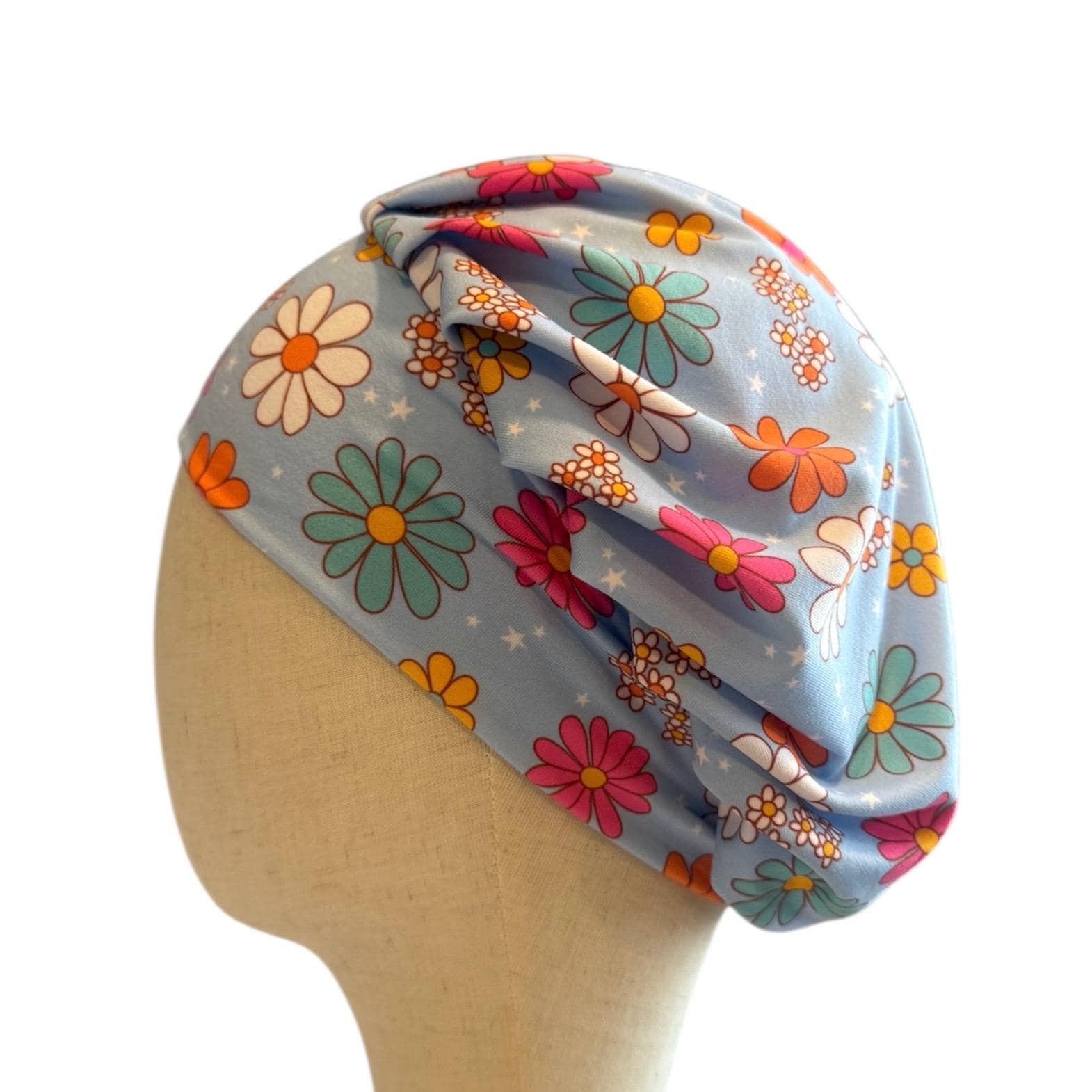 Pastel Blue Floral Scrub Cap Hat, Soft Stretchy Headband Style Euro Cap, OR Hat