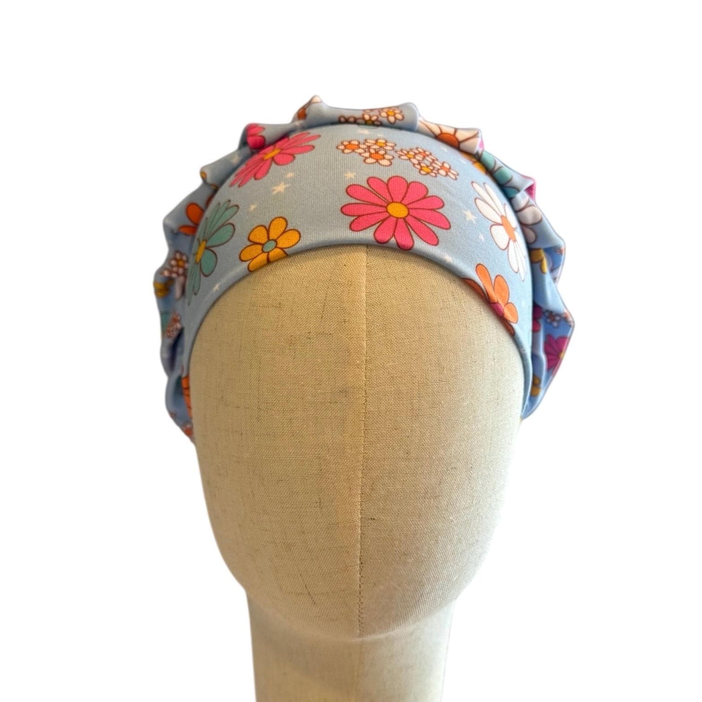 Pastel Blue Floral Scrub Cap Hat, Soft Stretchy Headband Style Euro Cap, OR Hat
