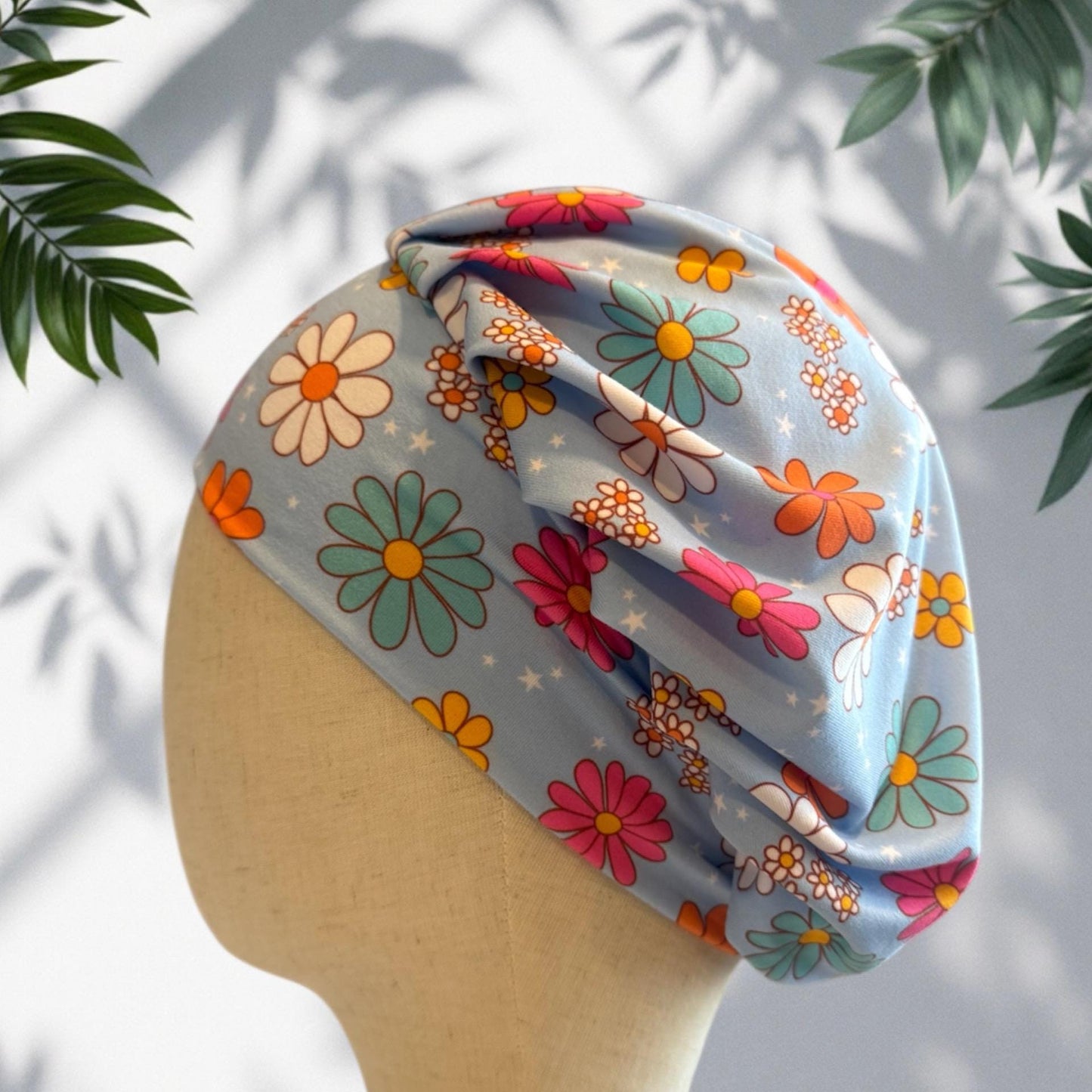 Pastel Blue Floral Scrub Cap Hat, Soft Stretchy Headband Style Euro Cap, OR Hat