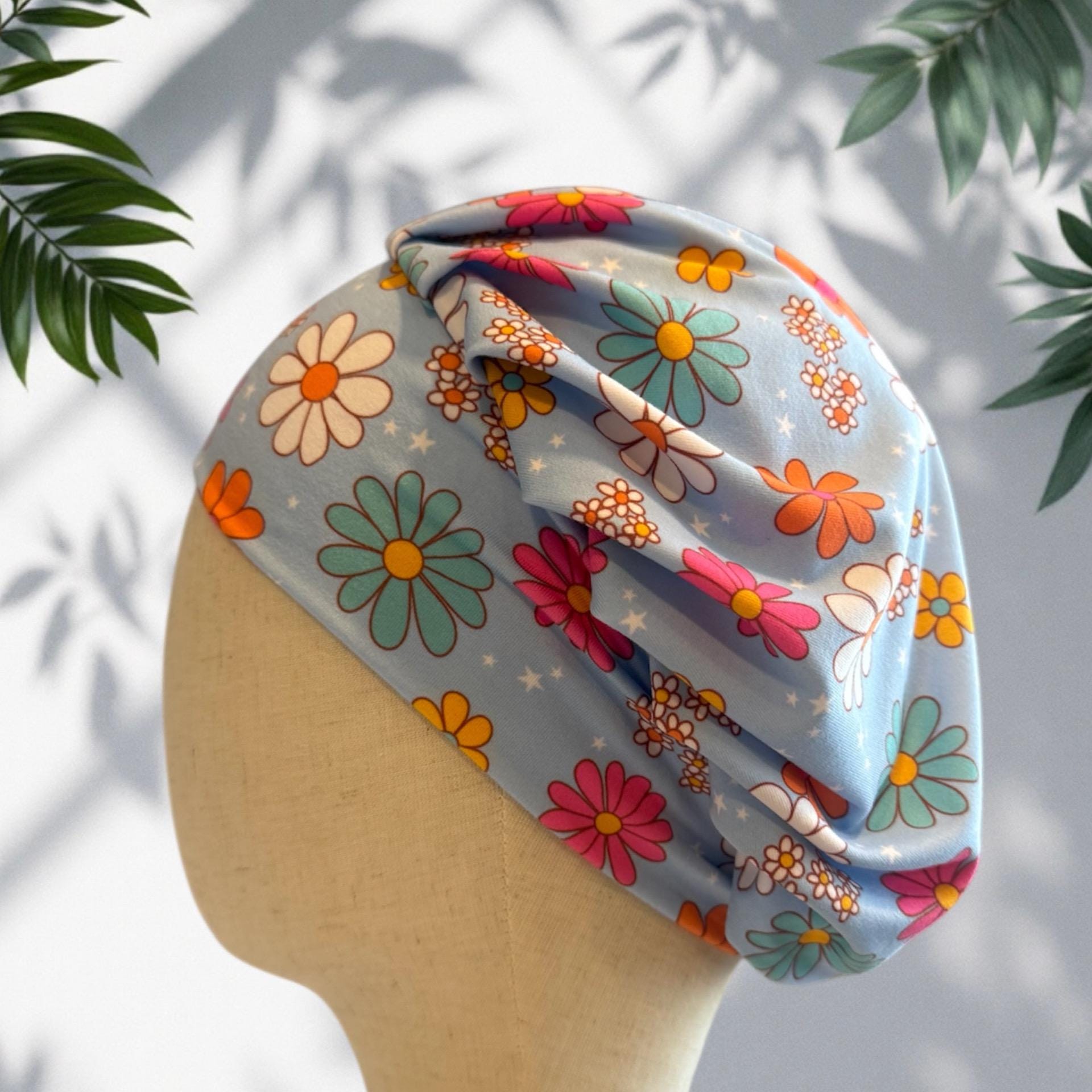 Pastel Blue Floral Scrub Cap Hat, Soft Stretchy Headband Style Euro Cap, OR Hat