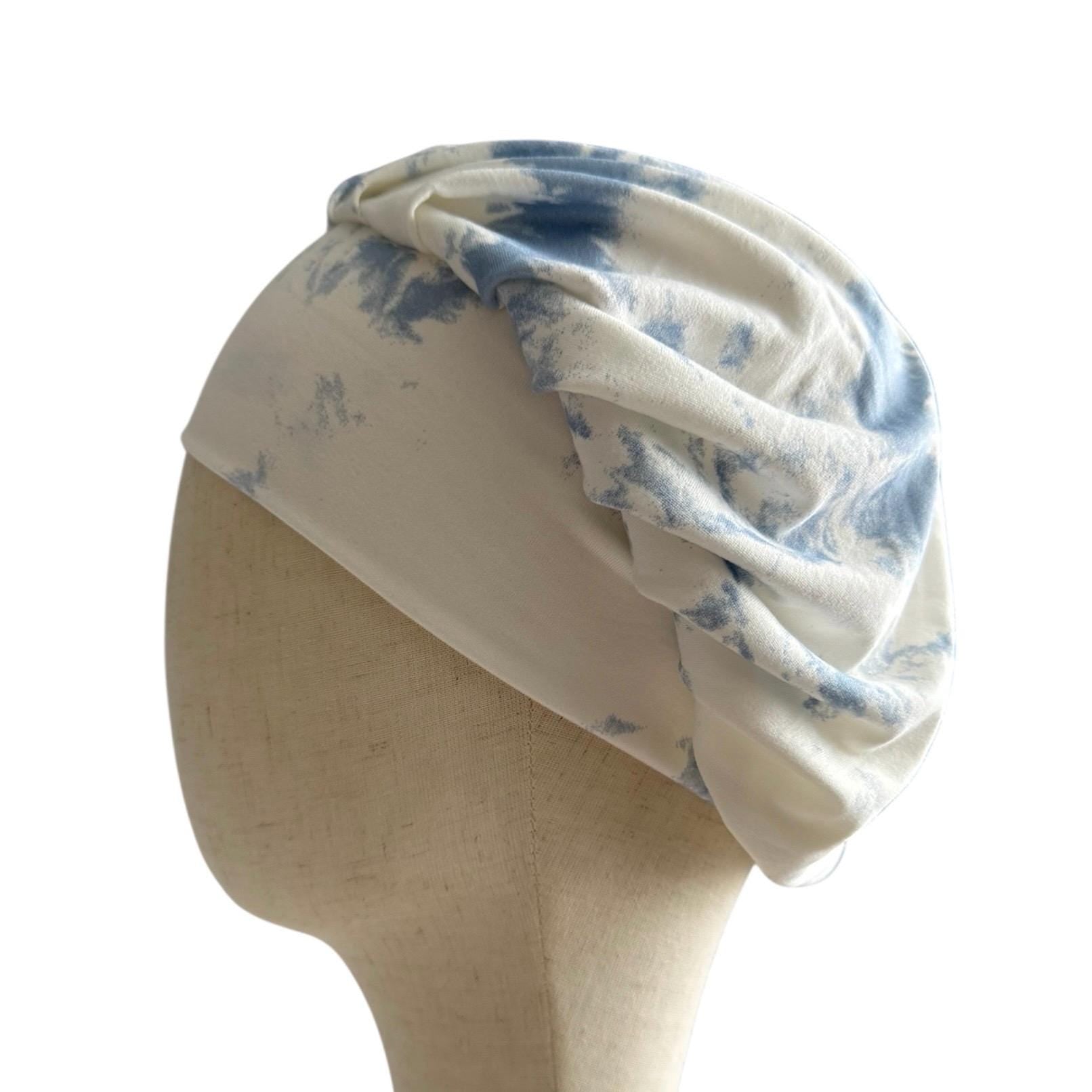 White/Blue Tie Dye Scrub Cap Hat, Soft Stretchy Headband Style Euro Cap, OR Hat