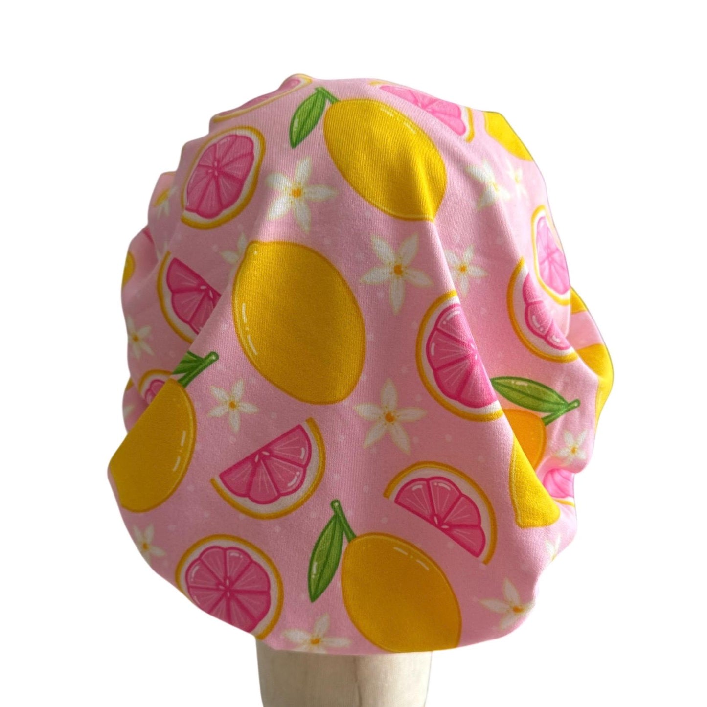 Lemons on Pink Scrub Cap Hat, Soft Stretchy Headband Style Euro Cap, OR Hat