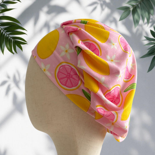 Lemons on Pink Scrub Cap Hat, Soft Stretchy Headband Style Euro Cap, OR Hat