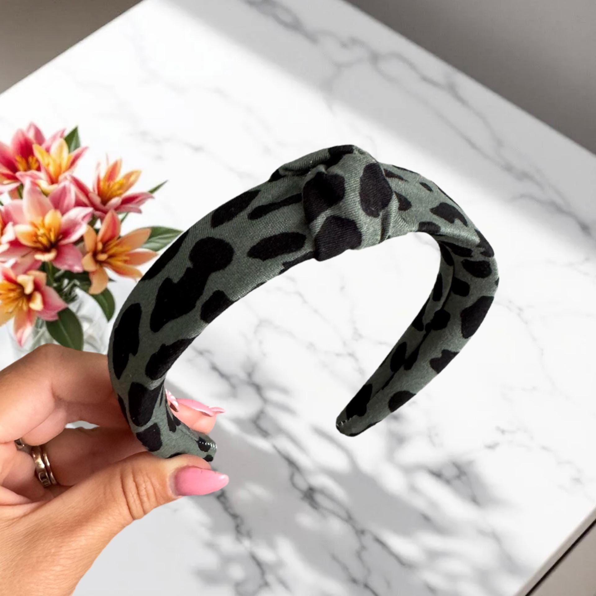 Olive Green Leopard Print Knotted Headband | Wide Padded Hairband | Women’s Animal Print Hair Accessory | Trendy Turban Style Headband