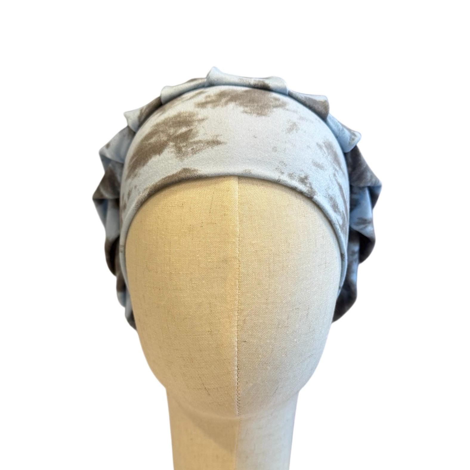 Baby Blue/Gray Tie Dye Scrub Cap Hat, Soft Stretchy Headband Style Bouffant Cap, OR Hat