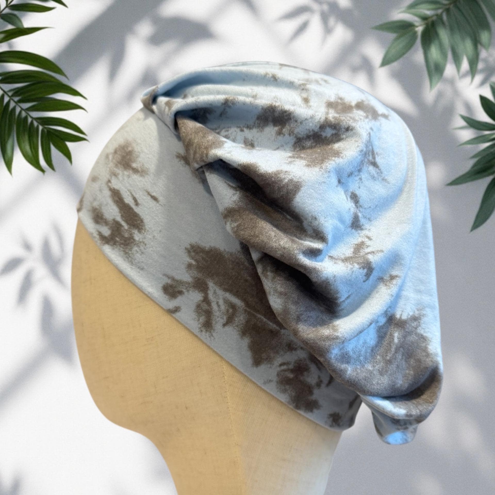 Baby Blue/Gray Tie Dye Scrub Cap Hat, Soft Stretchy Headband Style Bouffant Cap, OR Hat