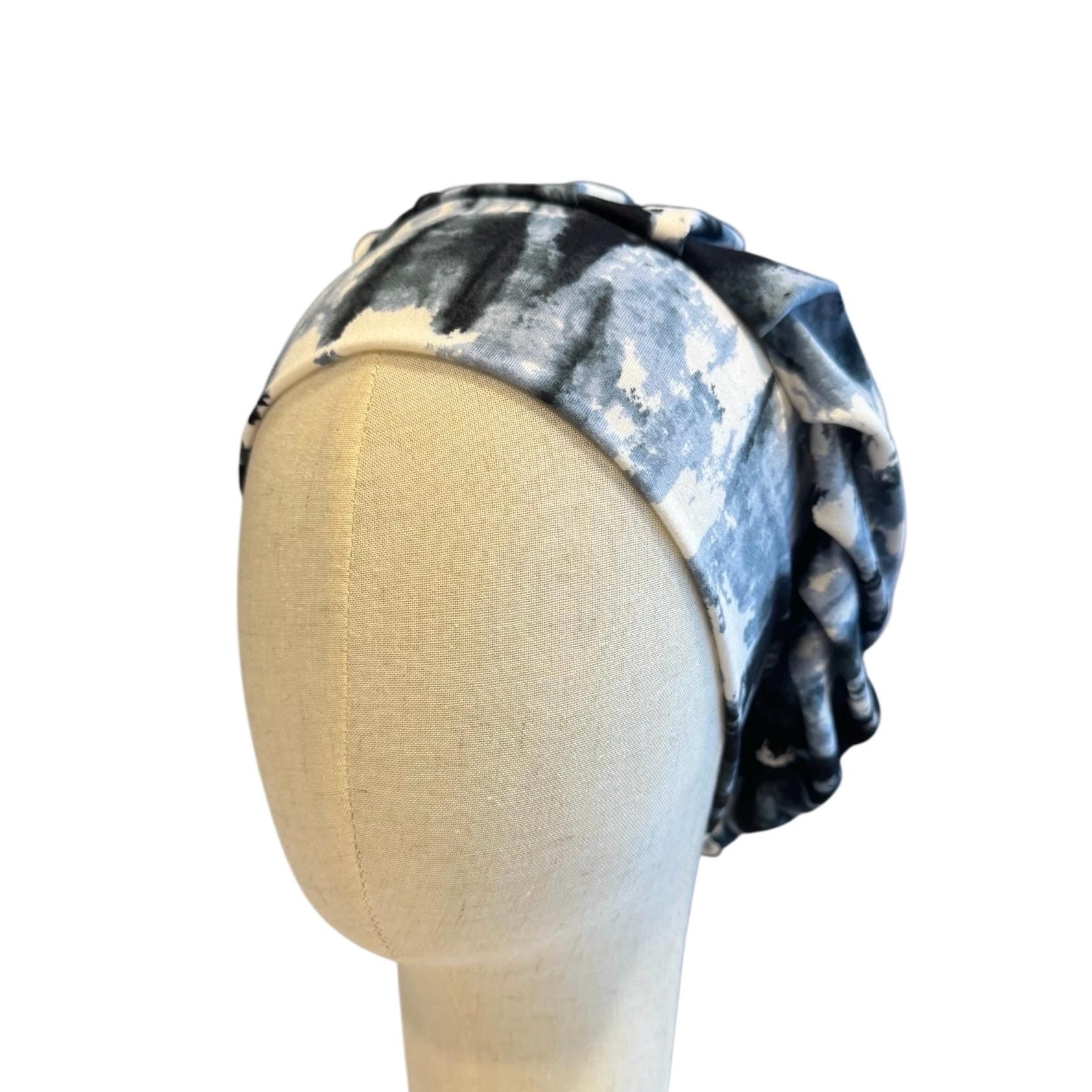 Blue/Black Tie Dye Scrub Cap Hat, Soft Stretchy Headband Style Bouffant Cap, OR Hat