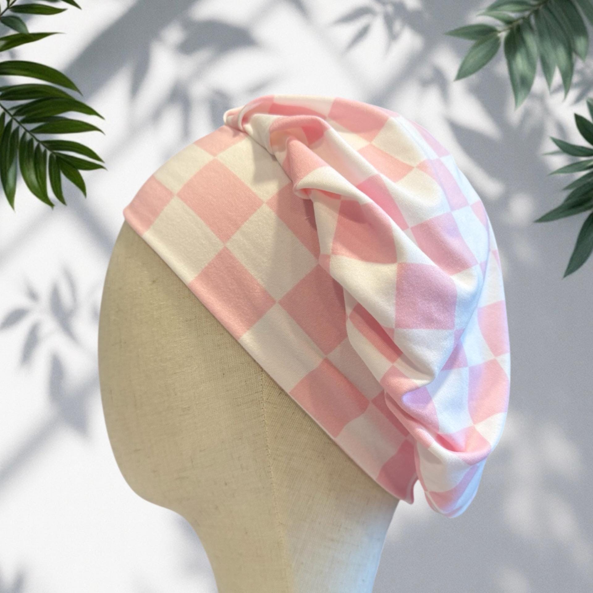 White/Pink Checkered Scrub Cap Hat, Soft Stretchy Headband Style Bouffant Cap, OR Hat