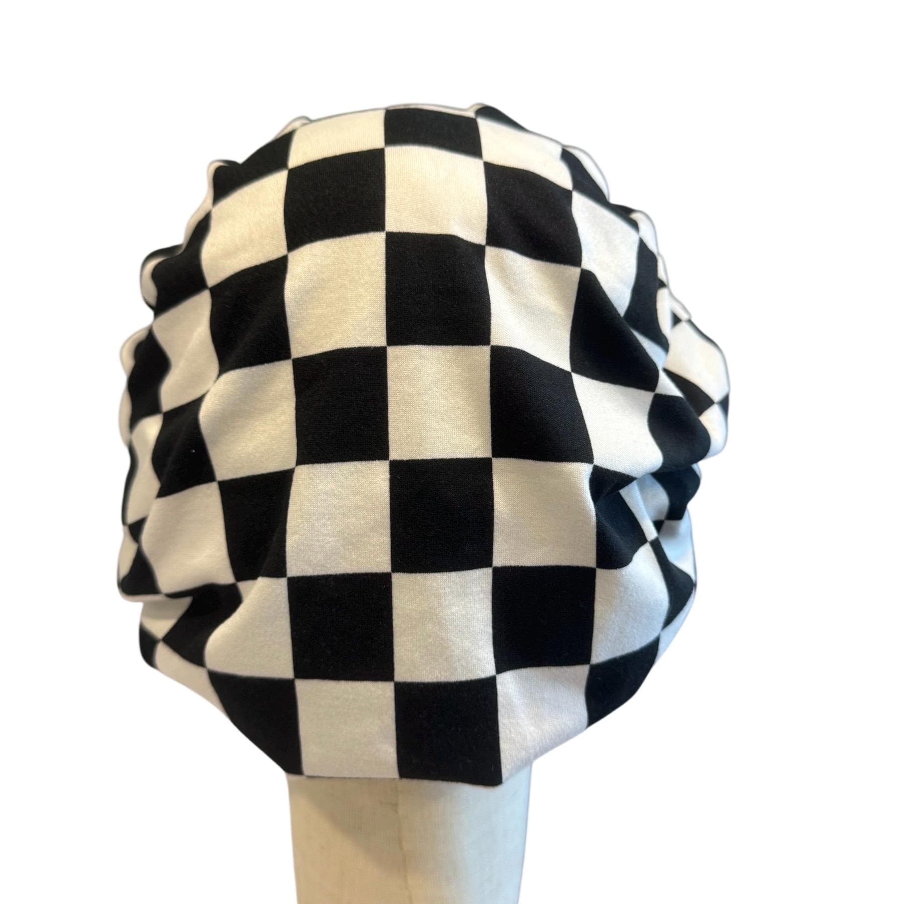 White/Black Checkered Scrub Cap Hat, Soft Stretchy Headband Style Bouffant Cap, OR Hat