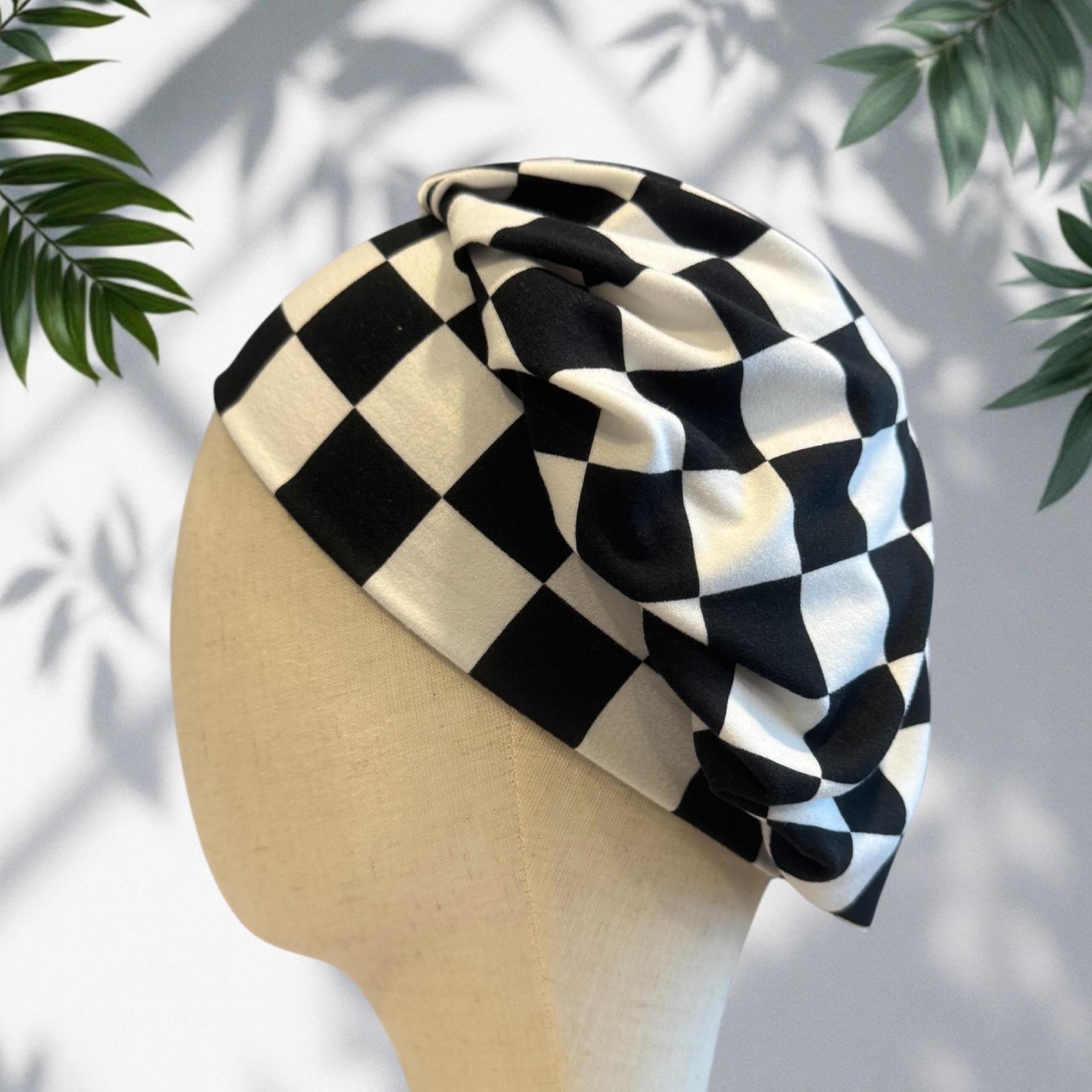 White/Black Checkered Scrub Cap Hat, Soft Stretchy Headband Style Bouffant Cap, OR Hat