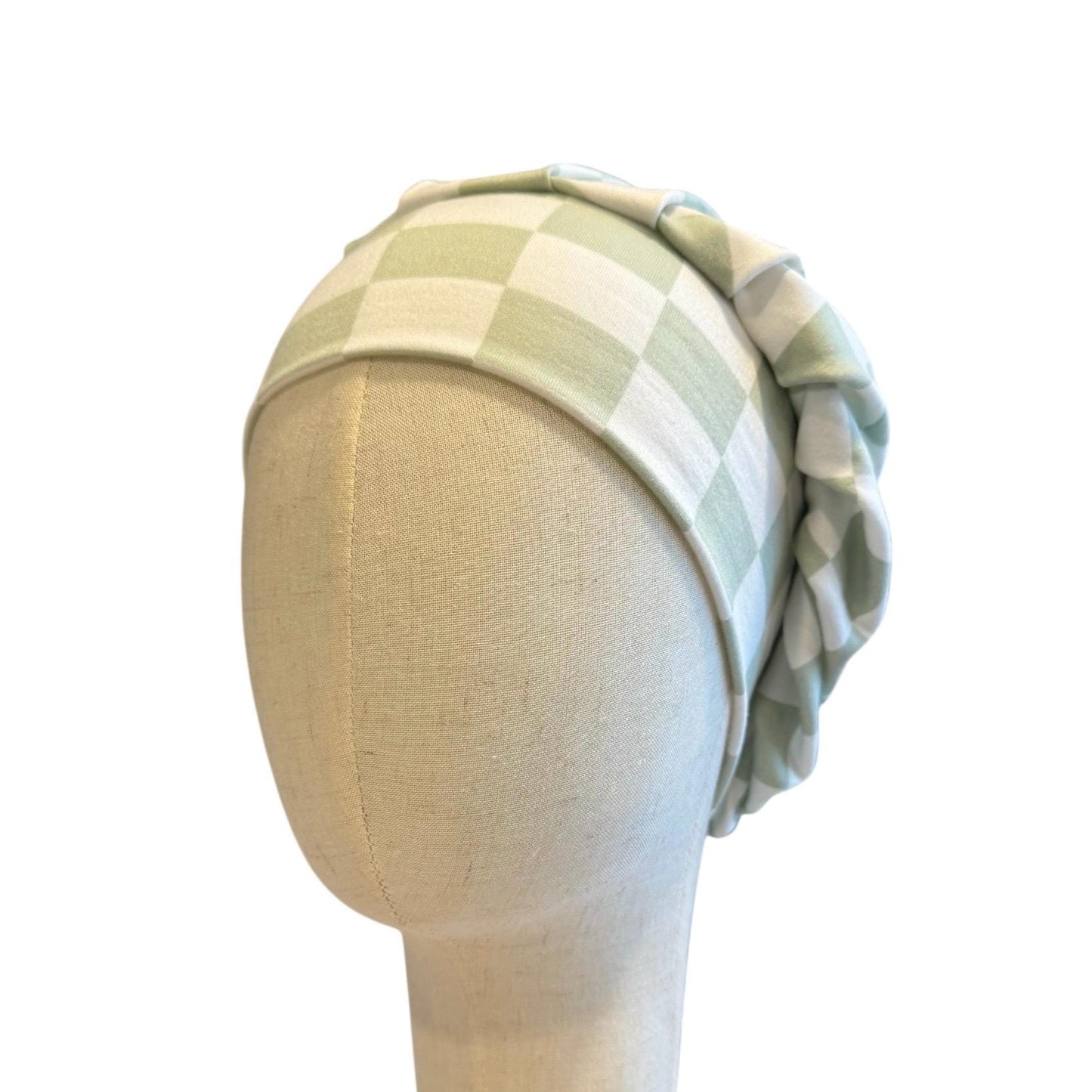 White/Sage Checkered Scrub Cap Hat, Soft Stretchy Headband Style Bouffant Cap, OR Hat