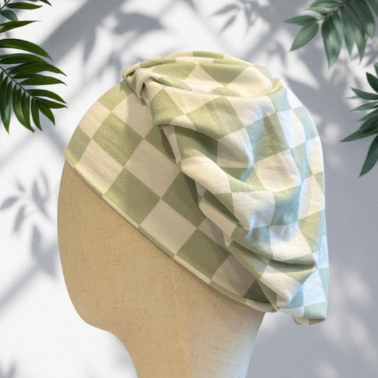 White/Sage Checkered Scrub Cap Hat, Soft Stretchy Headband Style Bouffant Cap, OR Hat