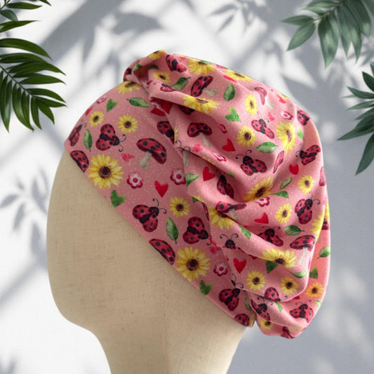 Pink Ladybug Scrub Cap Hat, Soft Stretchy Headband Style Euro Cap, OR Hat