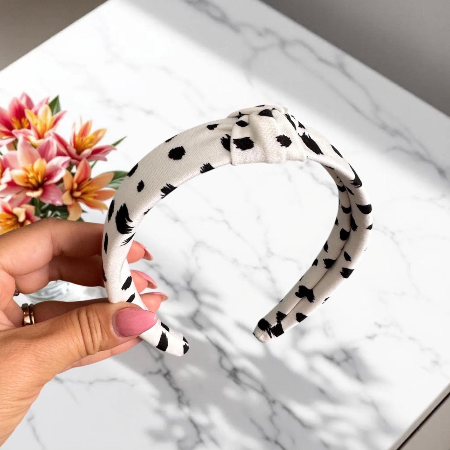 Dalmatian Print Knotted Headband | Soft Padded Fabric Hair Accessory | Black and White Spotty Headband | Retro Style Hairband for Women