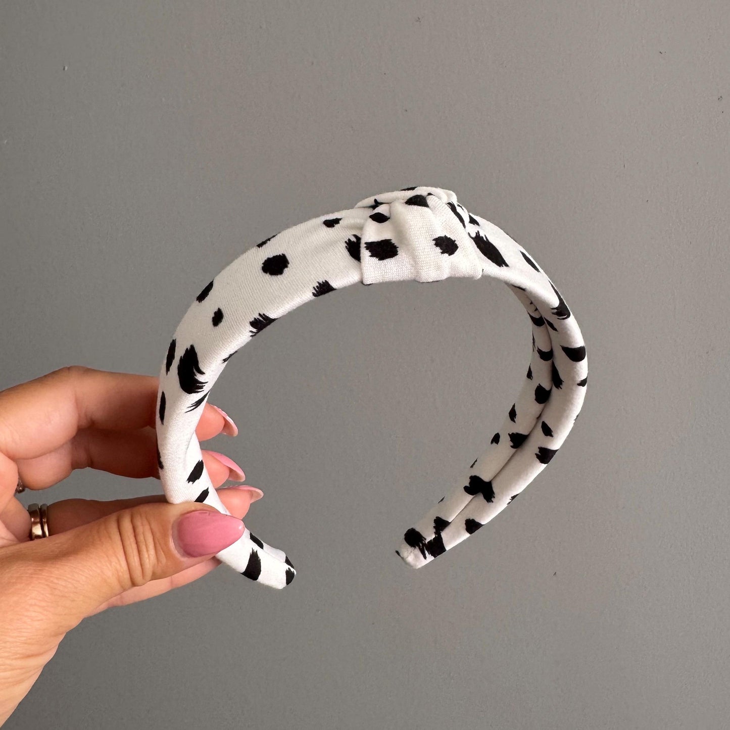 Dalmatian Print Knotted Headband | Soft Padded Fabric Hair Accessory | Black and White Spotty Headband | Retro Style Hairband for Women