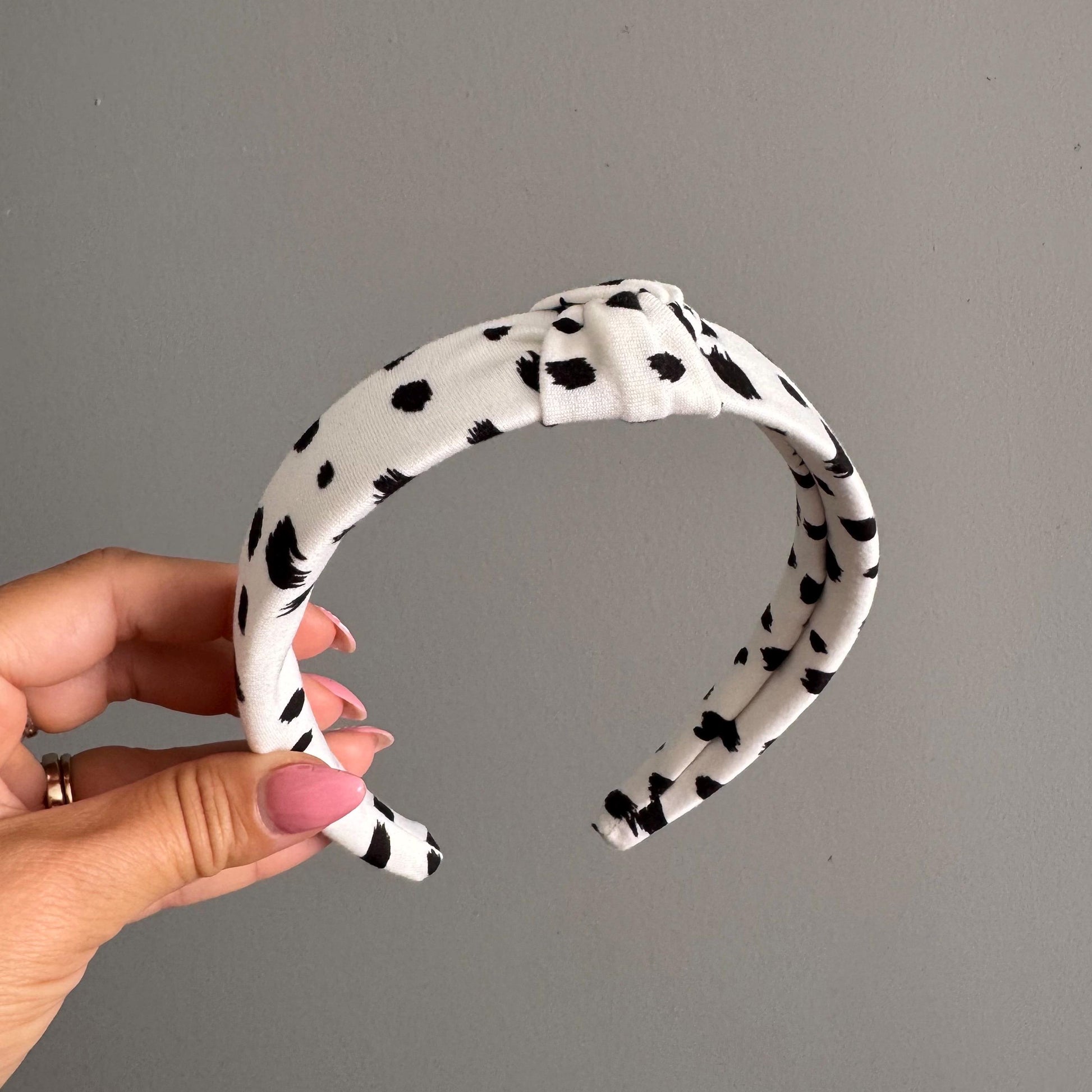 Dalmatian Print Knotted Headband | Soft Padded Fabric Hair Accessory | Black and White Spotty Headband | Retro Style Hairband for Women