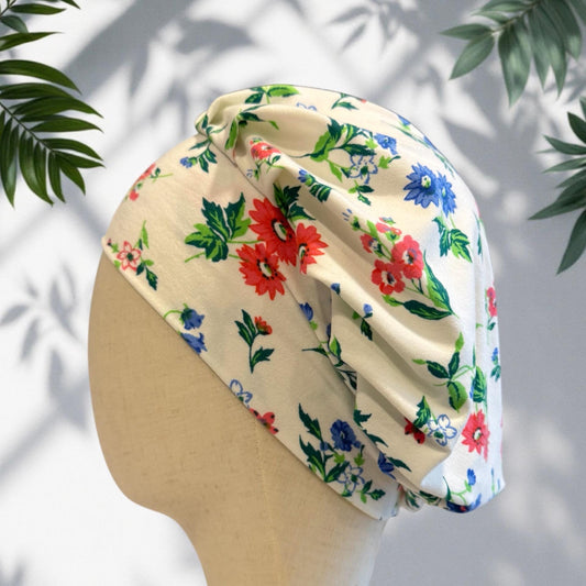 Floral on white Scrub Cap Hat, Soft Stretchy Headband Style Bouffant Cap, OR Hat