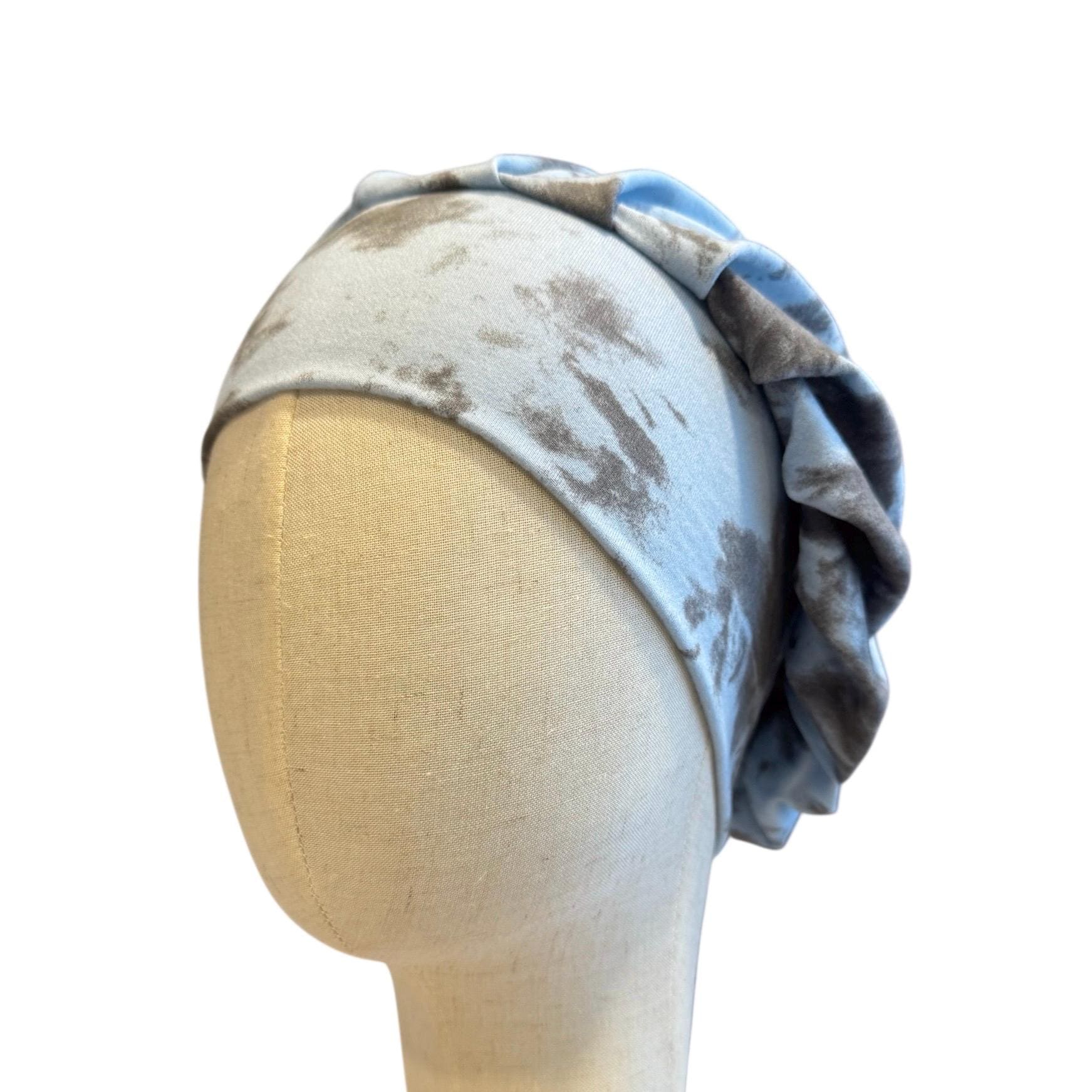 Baby Blue/Gray Tie Dye Scrub Cap Hat, Soft Stretchy Headband Style Bouffant Cap, OR Hat