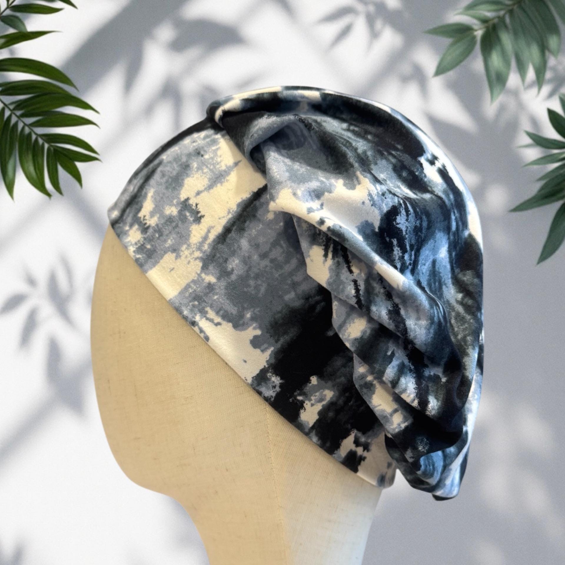 Blue/Black Tie Dye Scrub Cap Hat, Soft Stretchy Headband Style Bouffant Cap, OR Hat