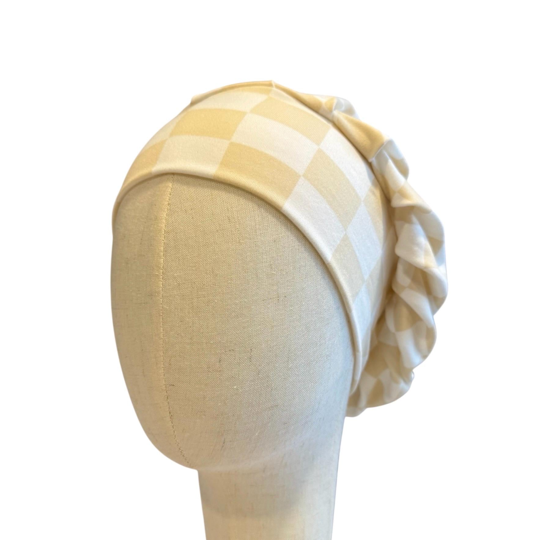 White/Beige Checkered Scrub Cap Hat, Soft Stretchy Headband Style Bouffant Cap, OR Hat
