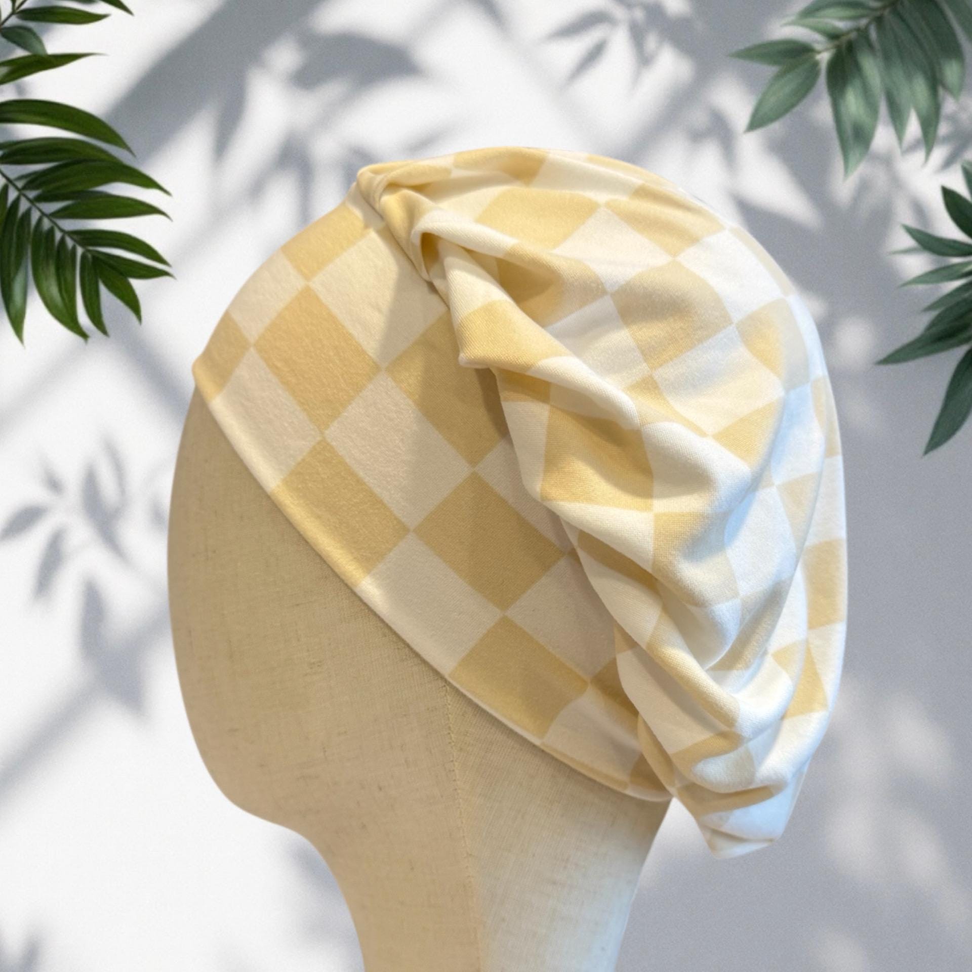 White/Beige Checkered Scrub Cap Hat, Soft Stretchy Headband Style Bouffant Cap, OR Hat