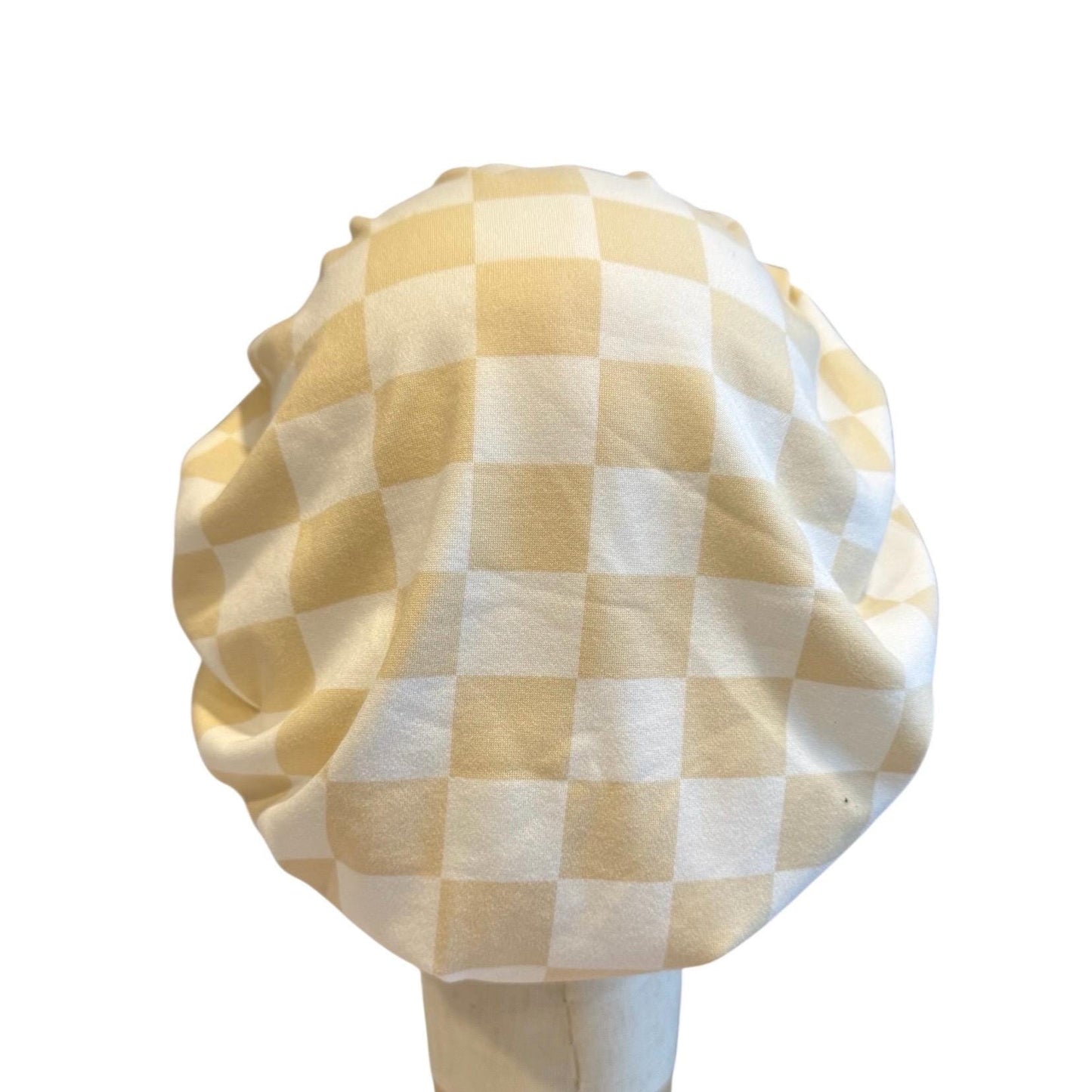White/Beige Checkered Scrub Cap Hat, Soft Stretchy Headband Style Bouffant Cap, OR Hat