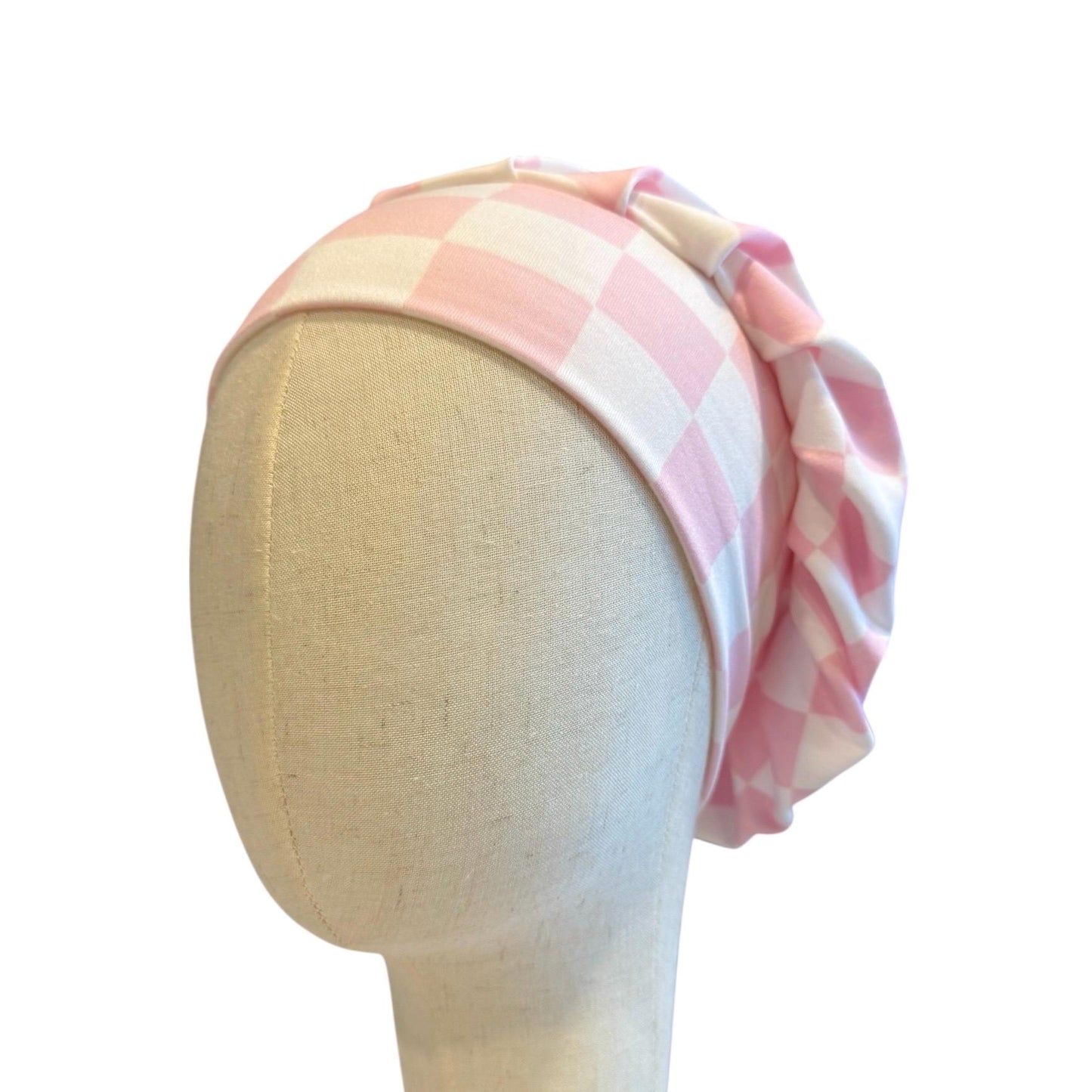 White/Pink Checkered Scrub Cap Hat, Soft Stretchy Headband Style Bouffant Cap, OR Hat