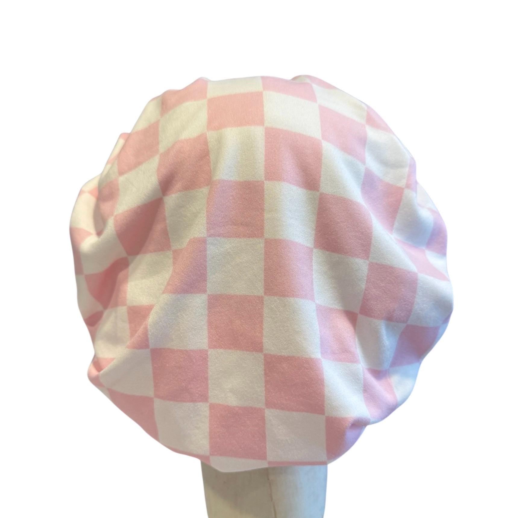 White/Pink Checkered Scrub Cap Hat, Soft Stretchy Headband Style Bouffant Cap, OR Hat