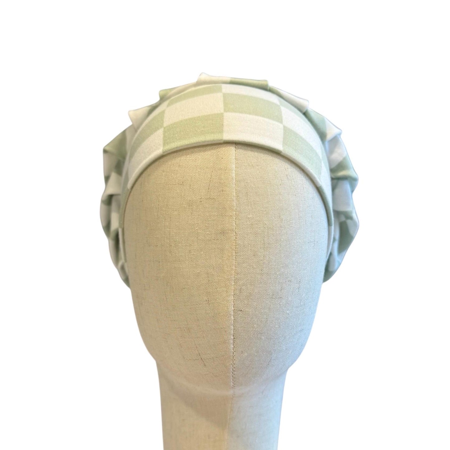 White/Sage Checkered Scrub Cap Hat, Soft Stretchy Headband Style Bouffant Cap, OR Hat