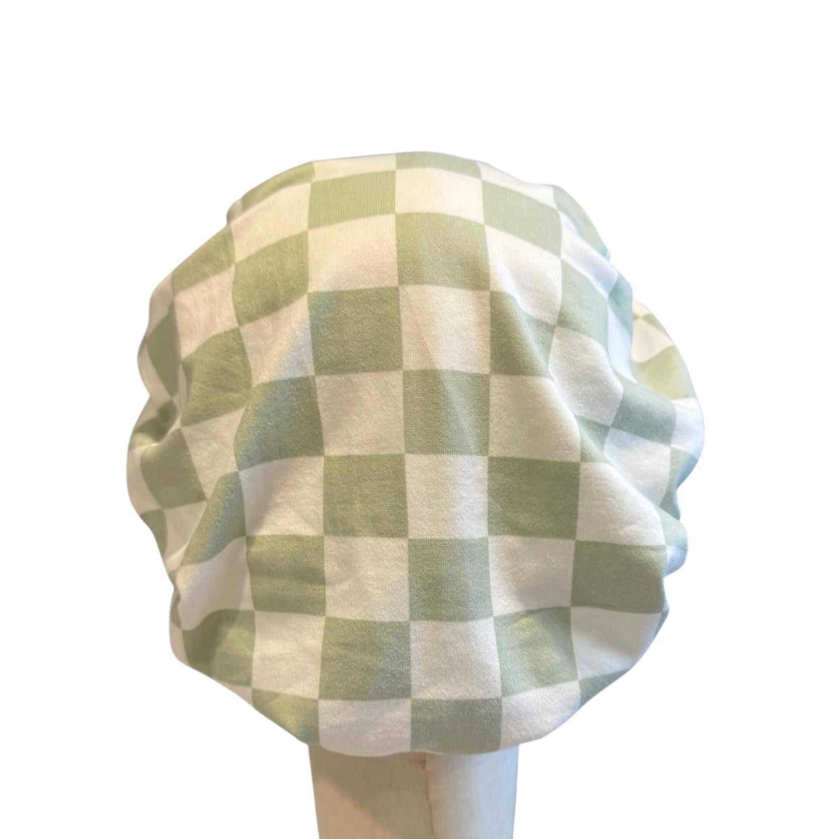 White/Sage Checkered Scrub Cap Hat, Soft Stretchy Headband Style Bouffant Cap, OR Hat