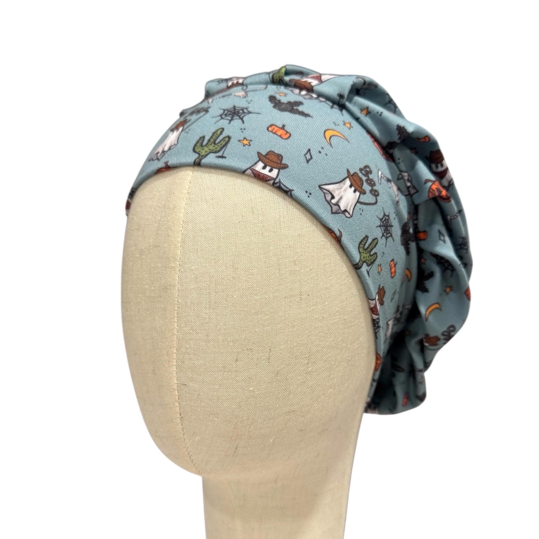 Cowboy Ghost Scrub Cap | Halloween Bouffant Surgical Cap with Ghosts, Cactus & Bats | Nurse Hat, Doctor, Dentist, Vet Gift