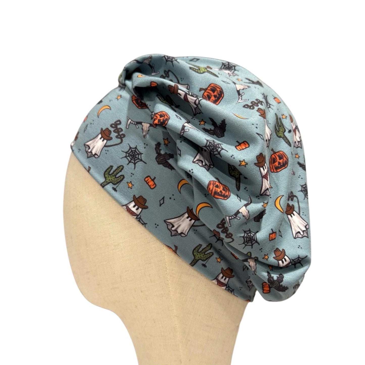 Cowboy Ghost Scrub Cap | Halloween Bouffant Surgical Cap with Ghosts, Cactus & Bats | Nurse Hat, Doctor, Dentist, Vet Gift