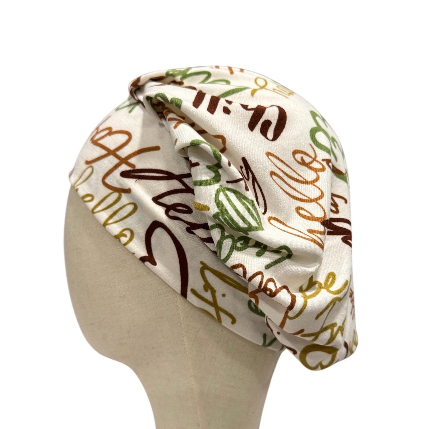 Hello Script Scrub Cap – Handmade Bouffant Surgical Hat, Nurse Cap with Word Print