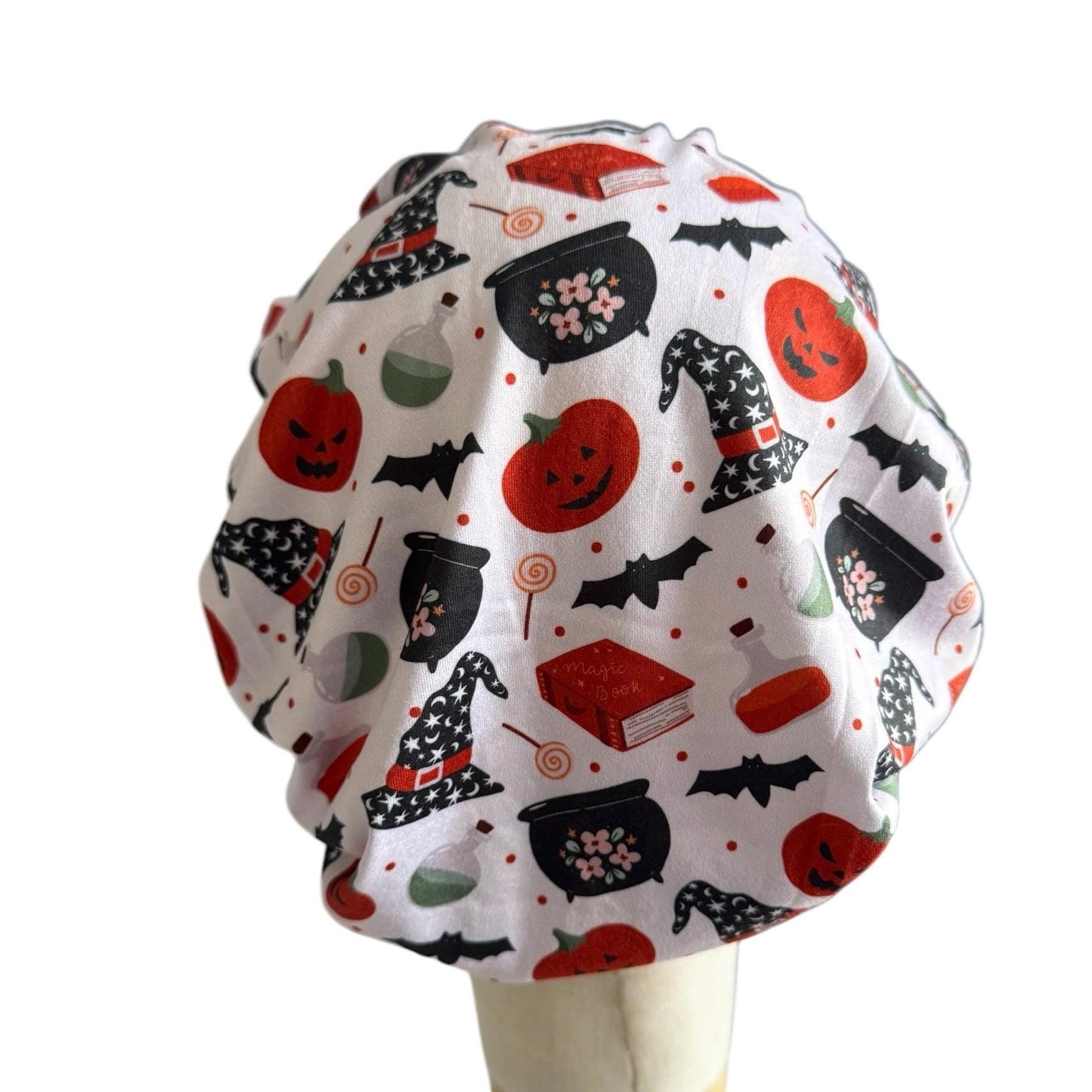 Halloween Bouffant Scrub Cap – Headband Style Surgical Hat with Pumpkins, Witch Hats, Bats & Candy – Fun Spooky Nurse Hat