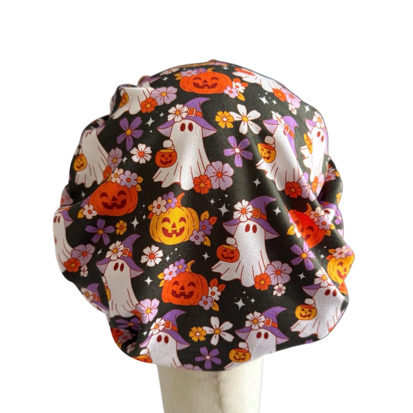 Halloween Scrub Cap | Ghosts & Pumpkins Surgical Hat | Bouffant Style Scrub Cap | Cute Spooky Floral Medical Hat | Nurse Halloween Gift