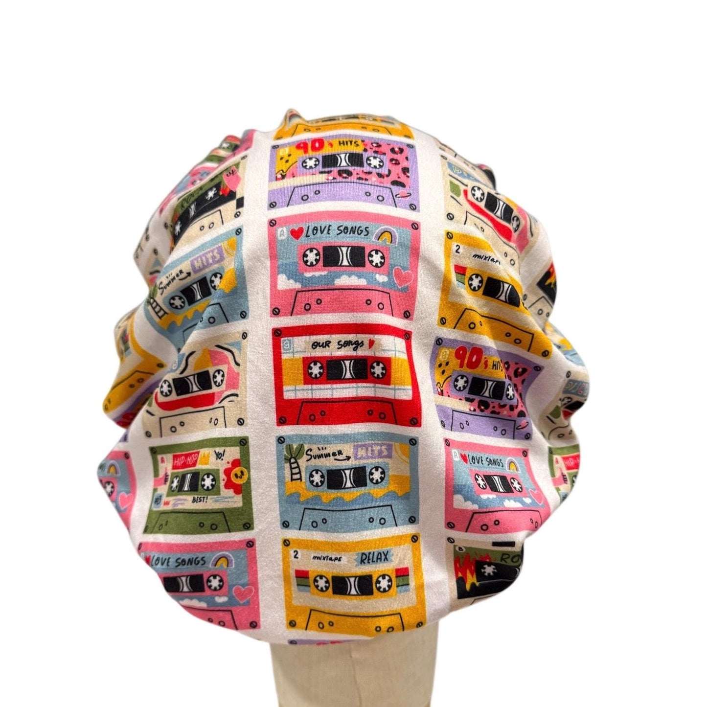 Retro Cassette Tape Scrub Cap | Bouffant Surgical Hat | Colorful Music Print Scrub Hat for Nurses, Doctors, Medical Staff