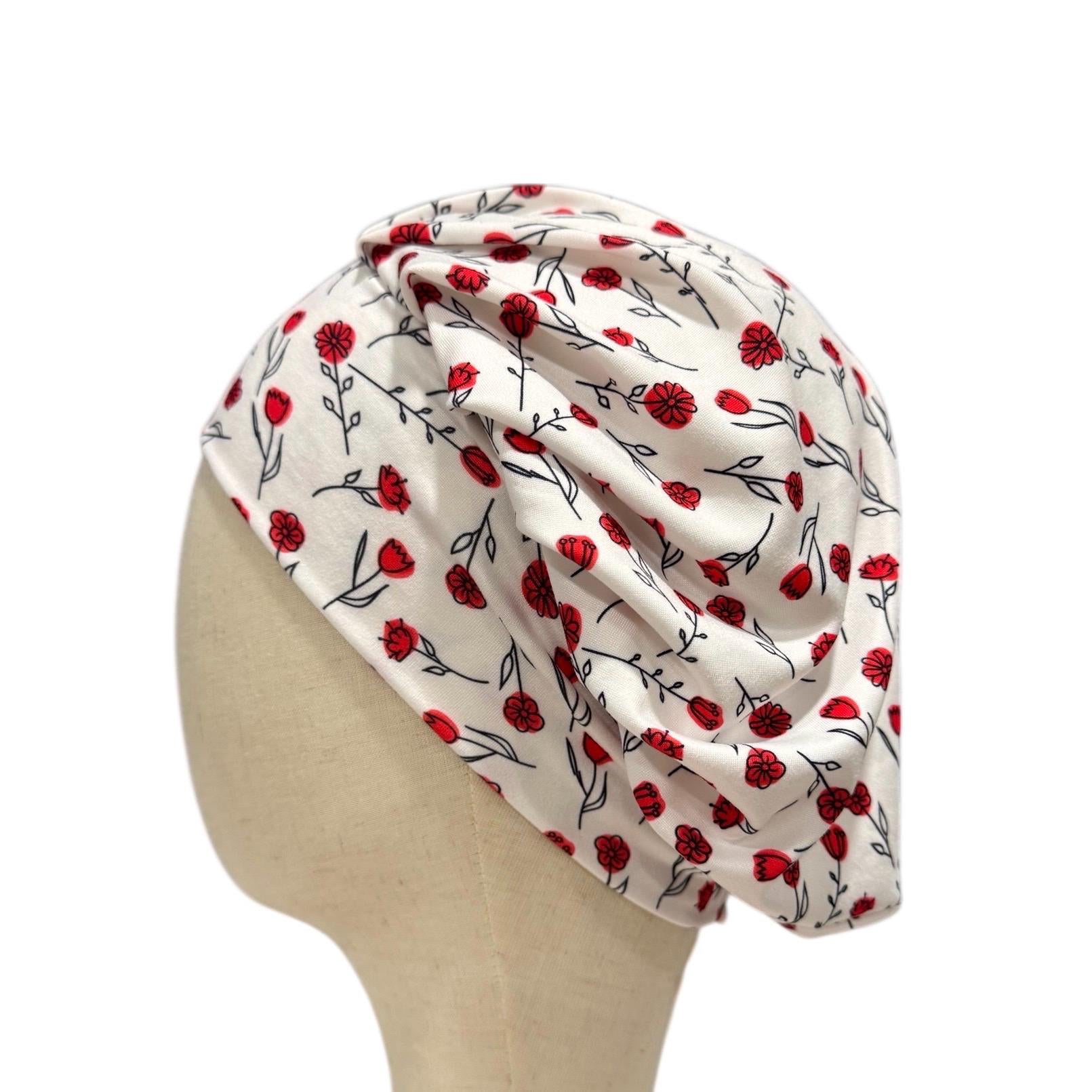 Red Floral Scrub Cap | Bouffant Surgical Hat | Nurse Scrub Hat with Red Flowers | Handmade Medical Cap for Women