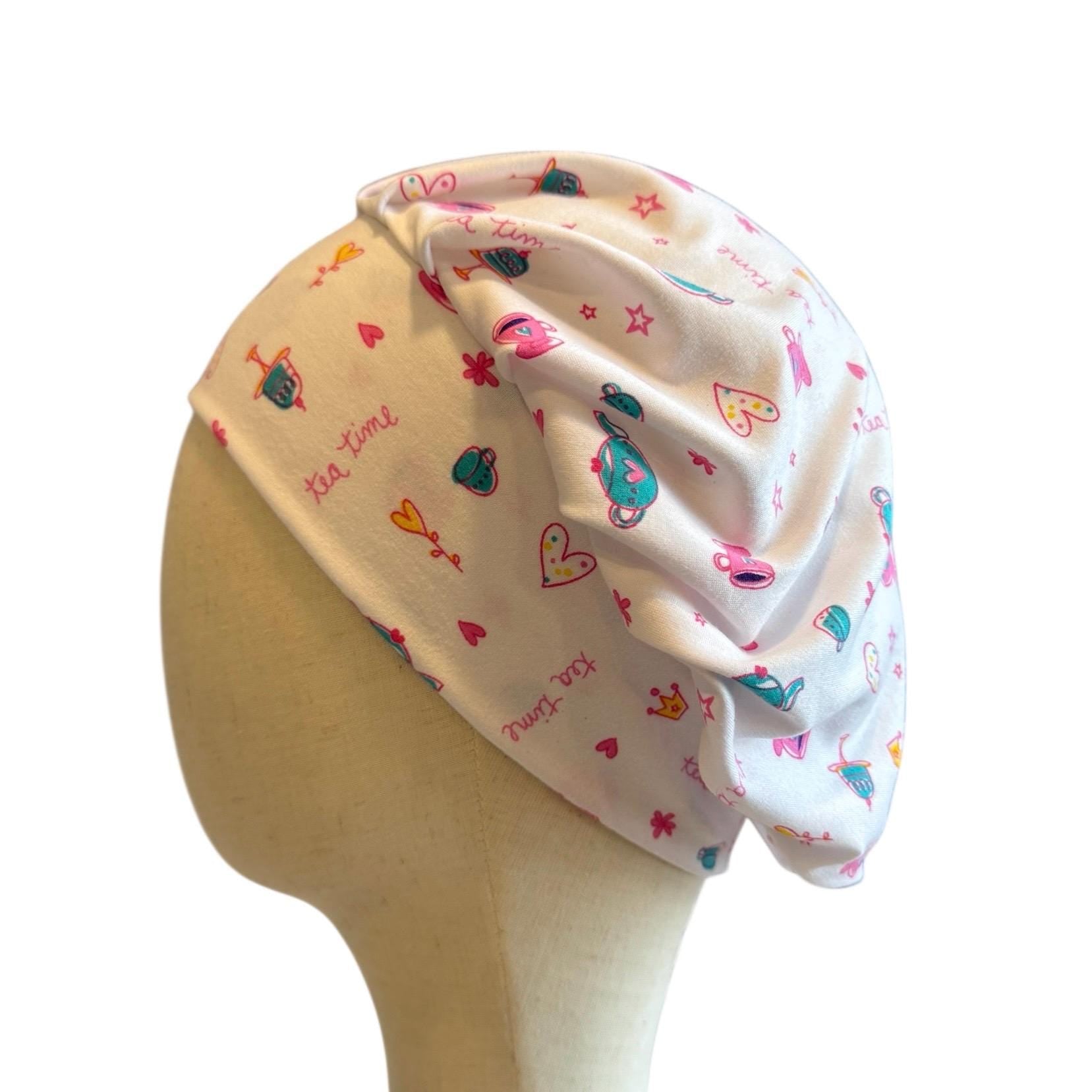 Tea Time Scrub Cap – Cute Bouffant Surgical Hat | Colorful Hearts, Crowns & Teapots | Handmade Nurse Hat for Women