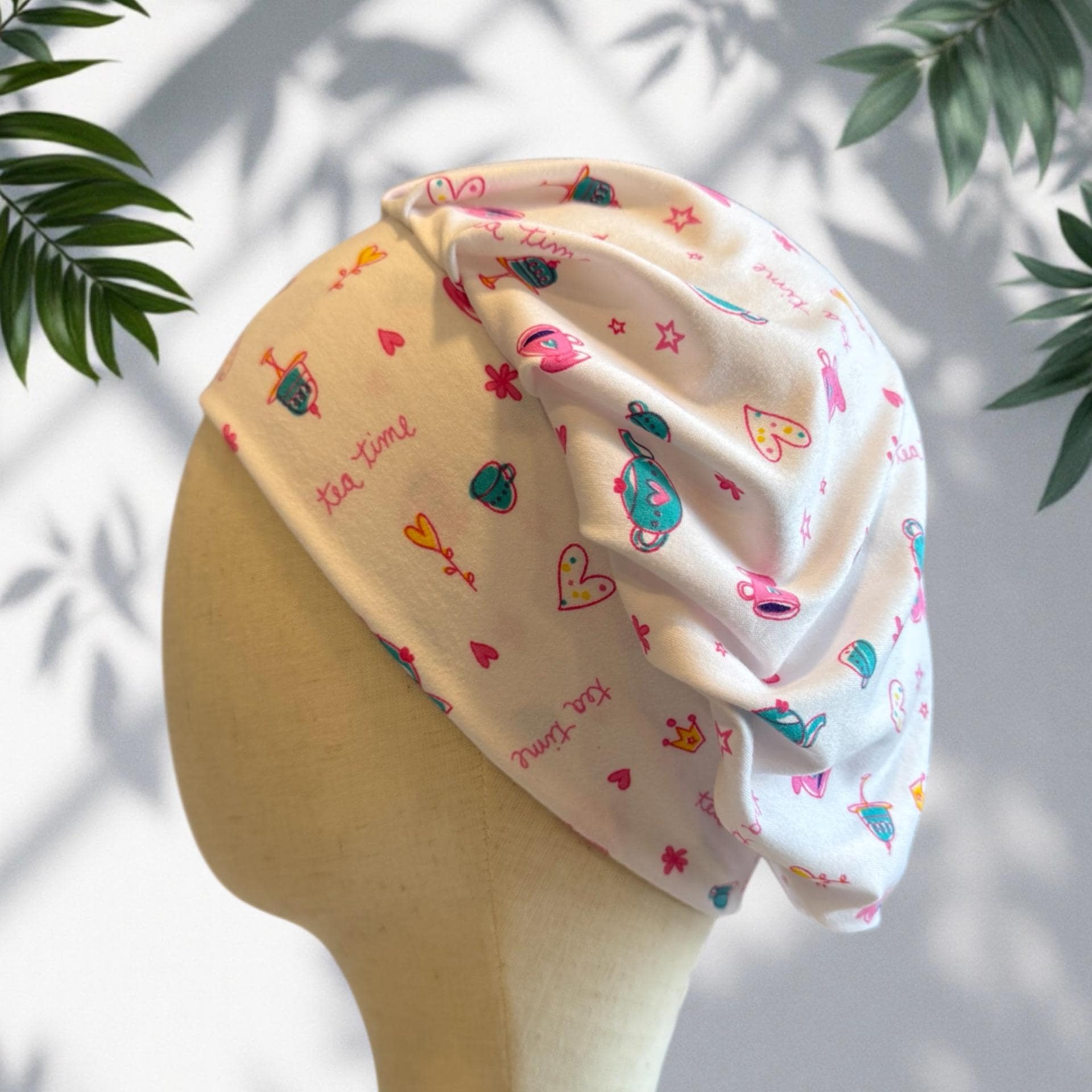 Tea Time Scrub Cap – Cute Bouffant Surgical Hat | Colorful Hearts, Crowns & Teapots | Handmade Nurse Hat for Women