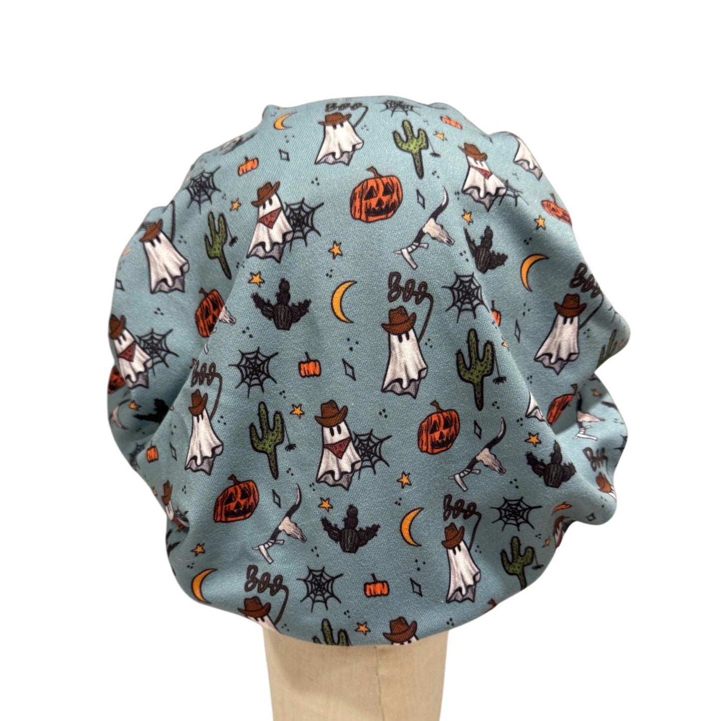 Cowboy Ghost Scrub Cap | Halloween Bouffant Surgical Cap with Ghosts, Cactus & Bats | Nurse Hat, Doctor, Dentist, Vet Gift