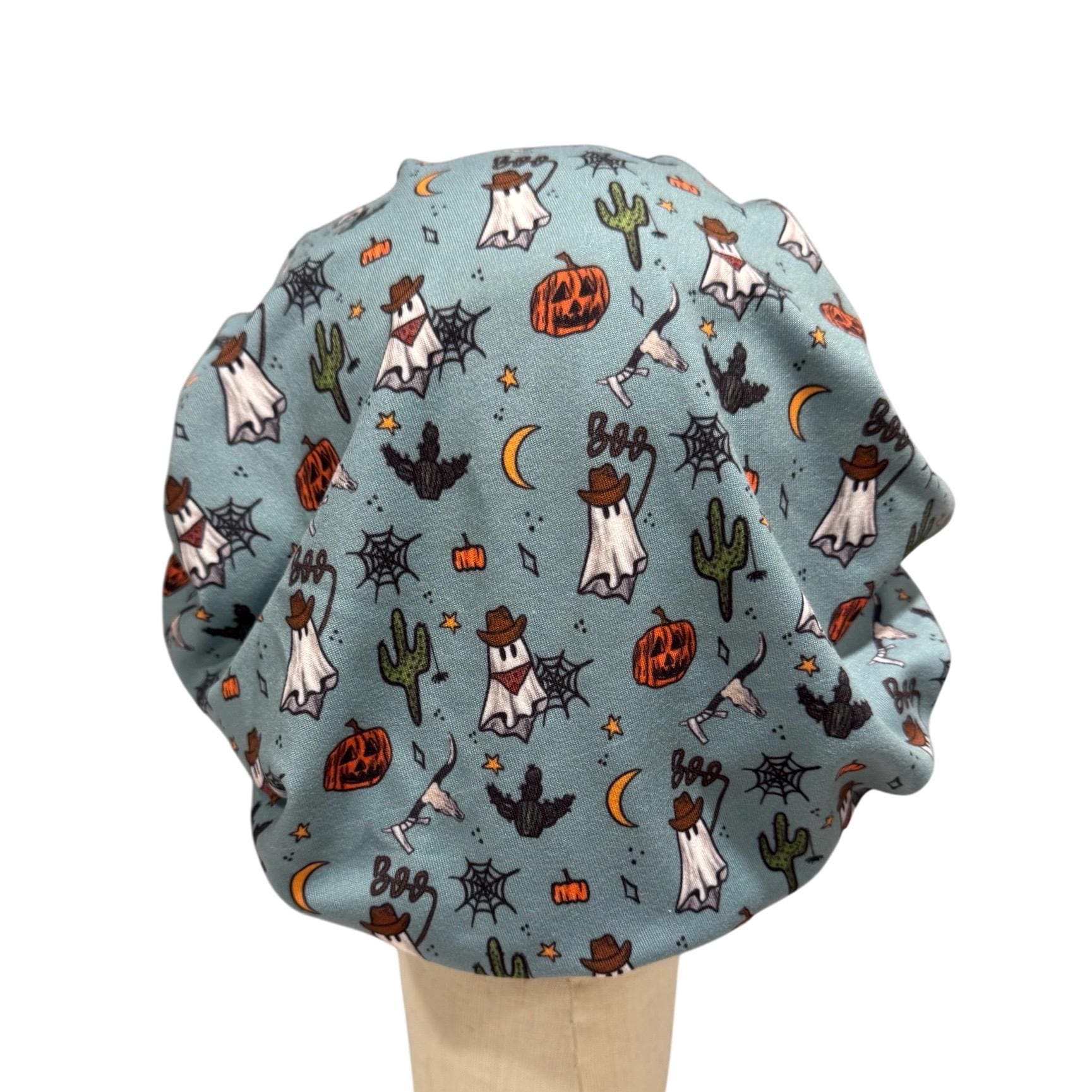 Cowboy Ghost Scrub Cap | Halloween Bouffant Surgical Cap with Ghosts, Cactus & Bats | Nurse Hat, Doctor, Dentist, Vet Gift