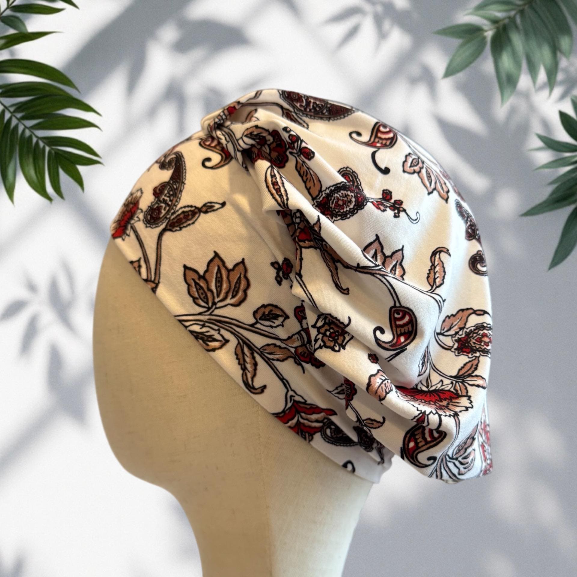 Floral Paisley Scrub Cap Bouffant Style Surgical Hat with Elegant Botanical Print, Headband Style Scrub Cap