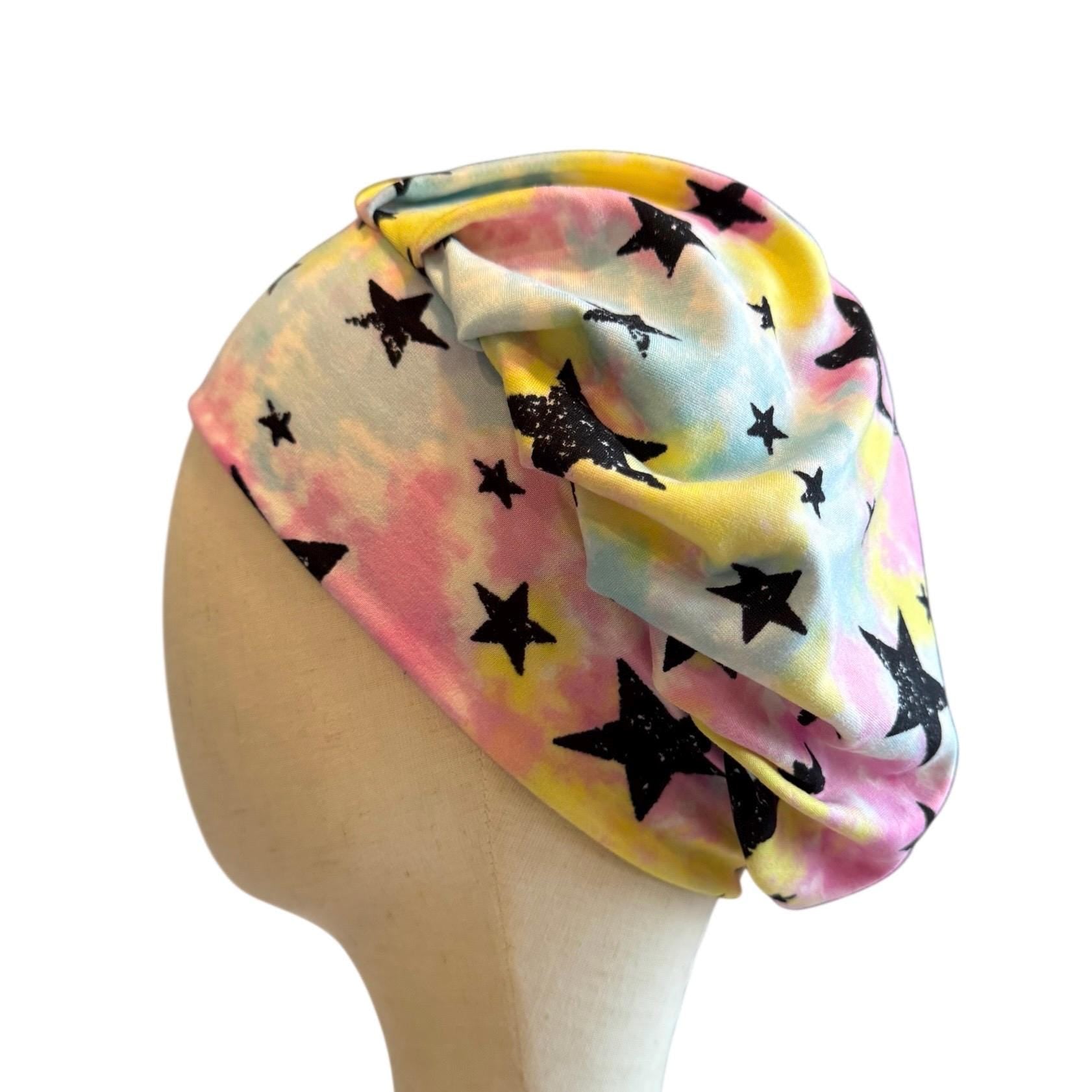 Galaxy Star Scrub Cap – Bouffant Style Surgical Hat with Tie-Dye Pastel Background & Black Stars