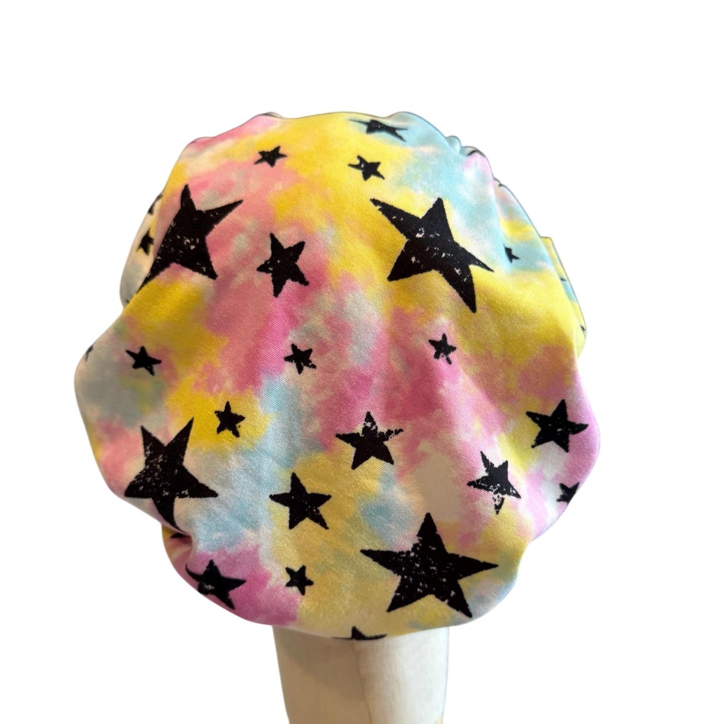 Galaxy Star Scrub Cap – Bouffant Style Surgical Hat with Tie-Dye Pastel Background & Black Stars