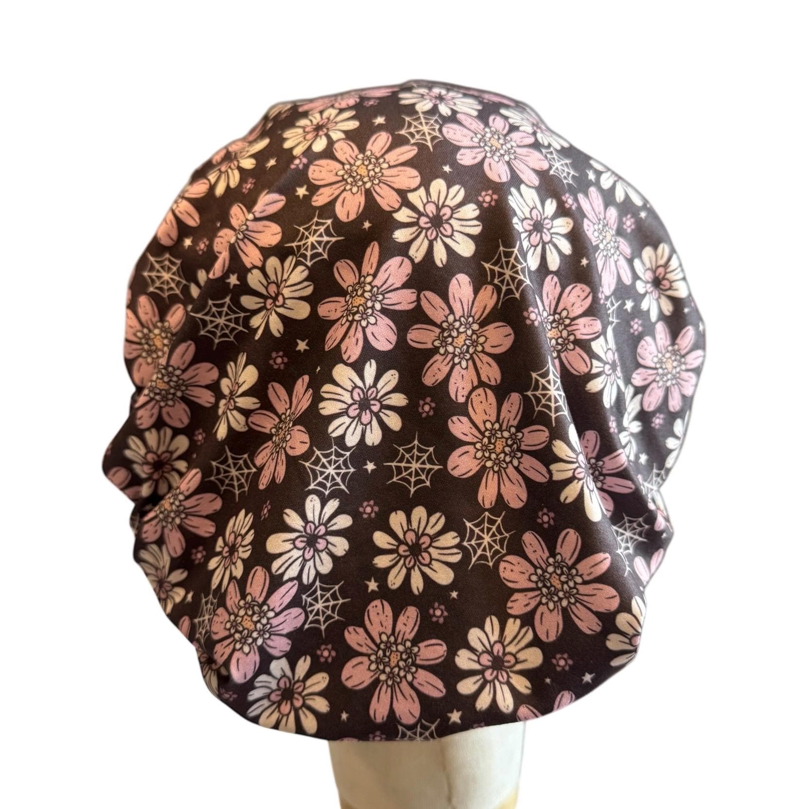 Halloween Floral Scrub Cap – Bouffan Style Surgical Hat with Pink Flowers & Spider Webs, Headband Style Scrub Cap