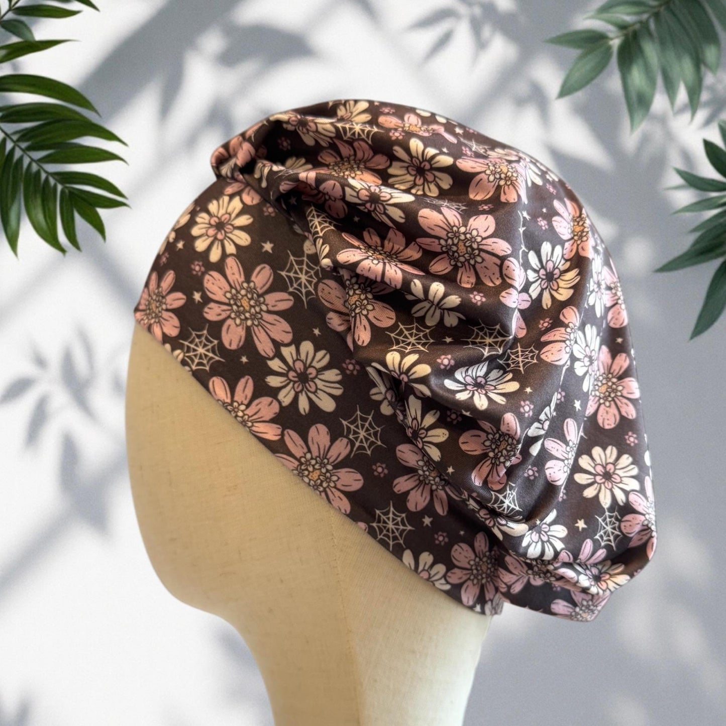 Halloween Floral Scrub Cap – Bouffan Style Surgical Hat with Pink Flowers & Spider Webs, Headband Style Scrub Cap