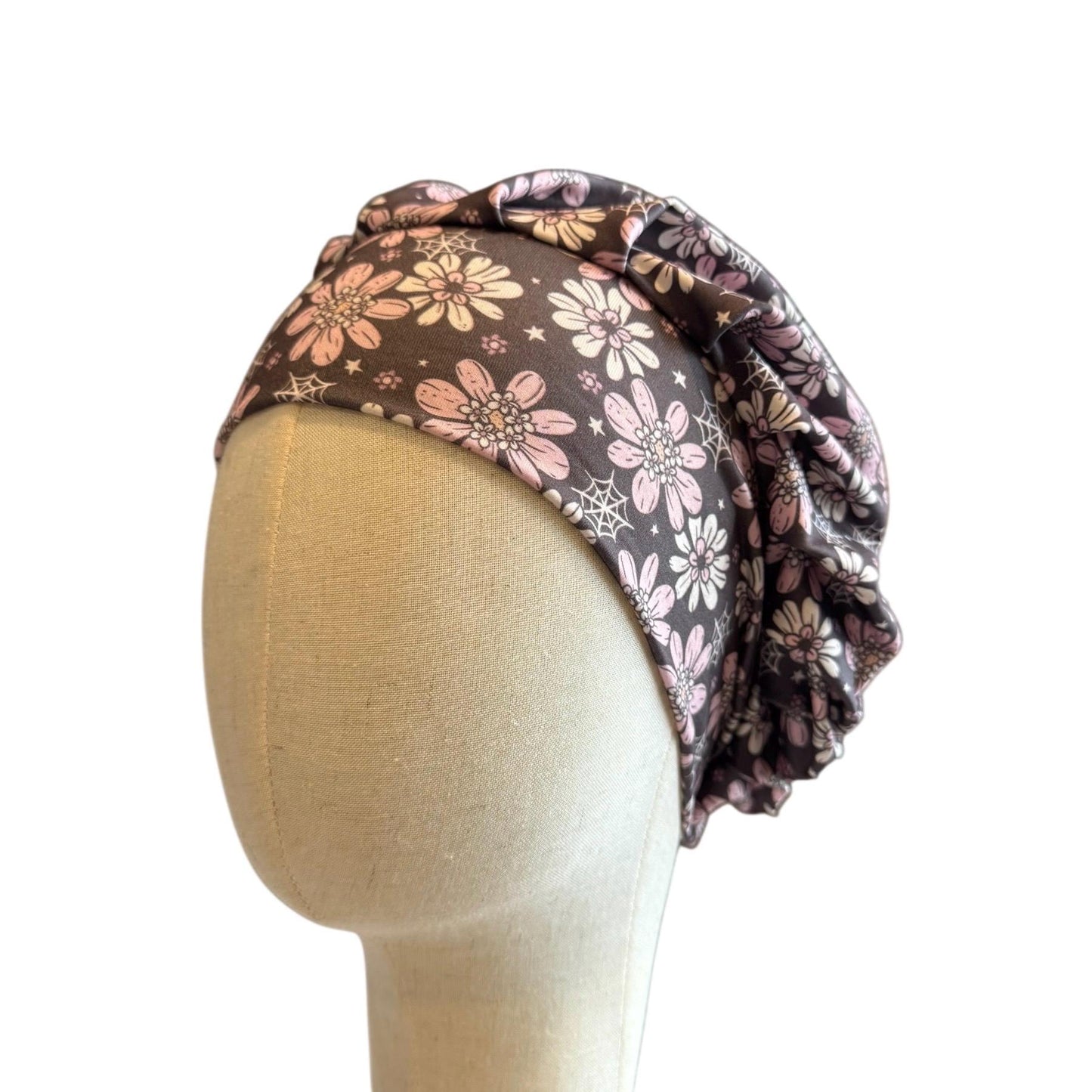 Halloween Floral Scrub Cap – Bouffan Style Surgical Hat with Pink Flowers & Spider Webs, Headband Style Scrub Cap