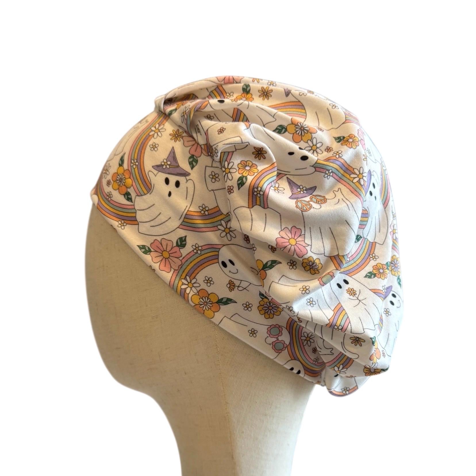 Rainbow Ghost Scrub Cap – Bouffant Style Surgical Hat with Cute Ghosts, Rainbows & Flowers, Headband Style Scrub Cap
