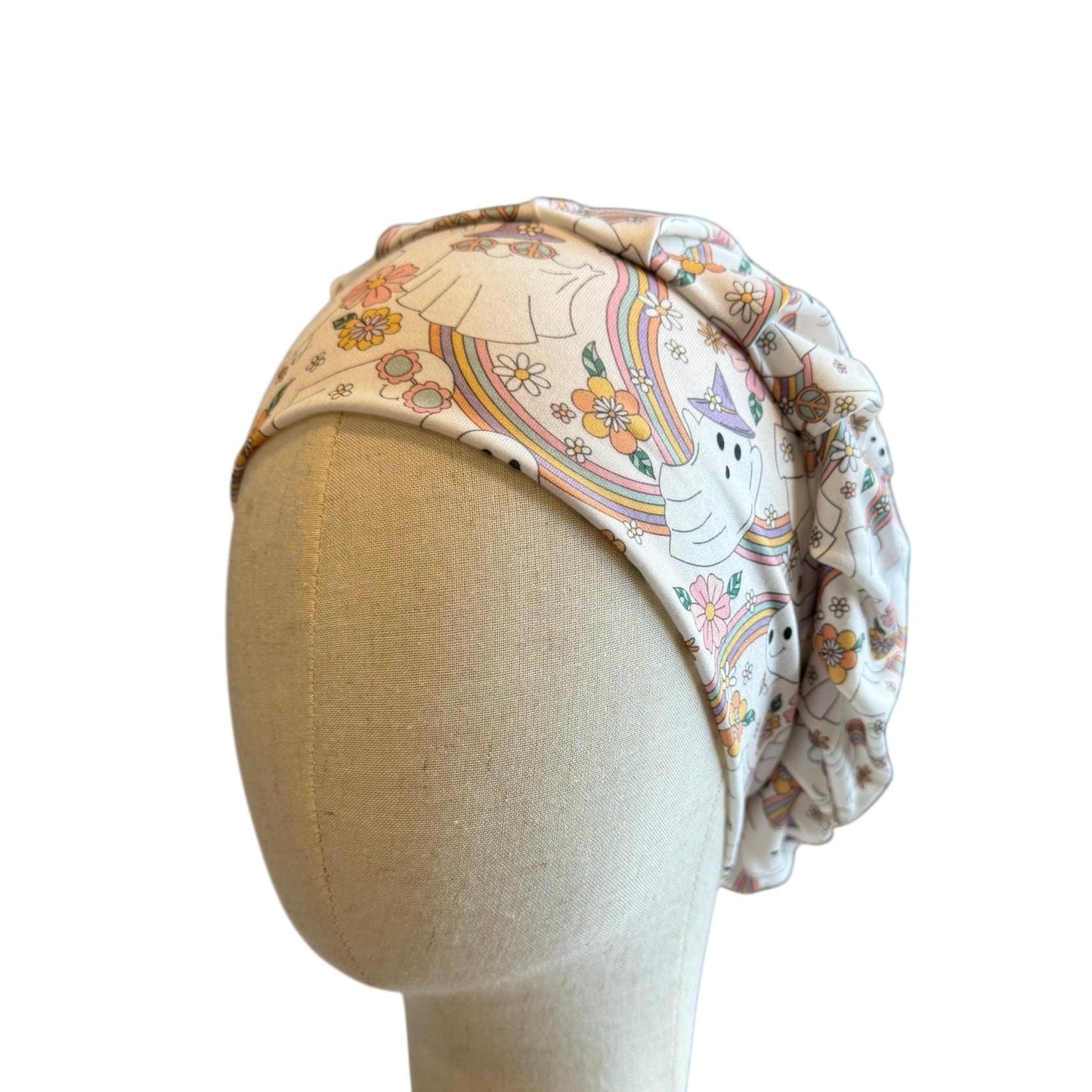 Rainbow Ghost Scrub Cap – Bouffant Style Surgical Hat with Cute Ghosts, Rainbows & Flowers, Headband Style Scrub Cap