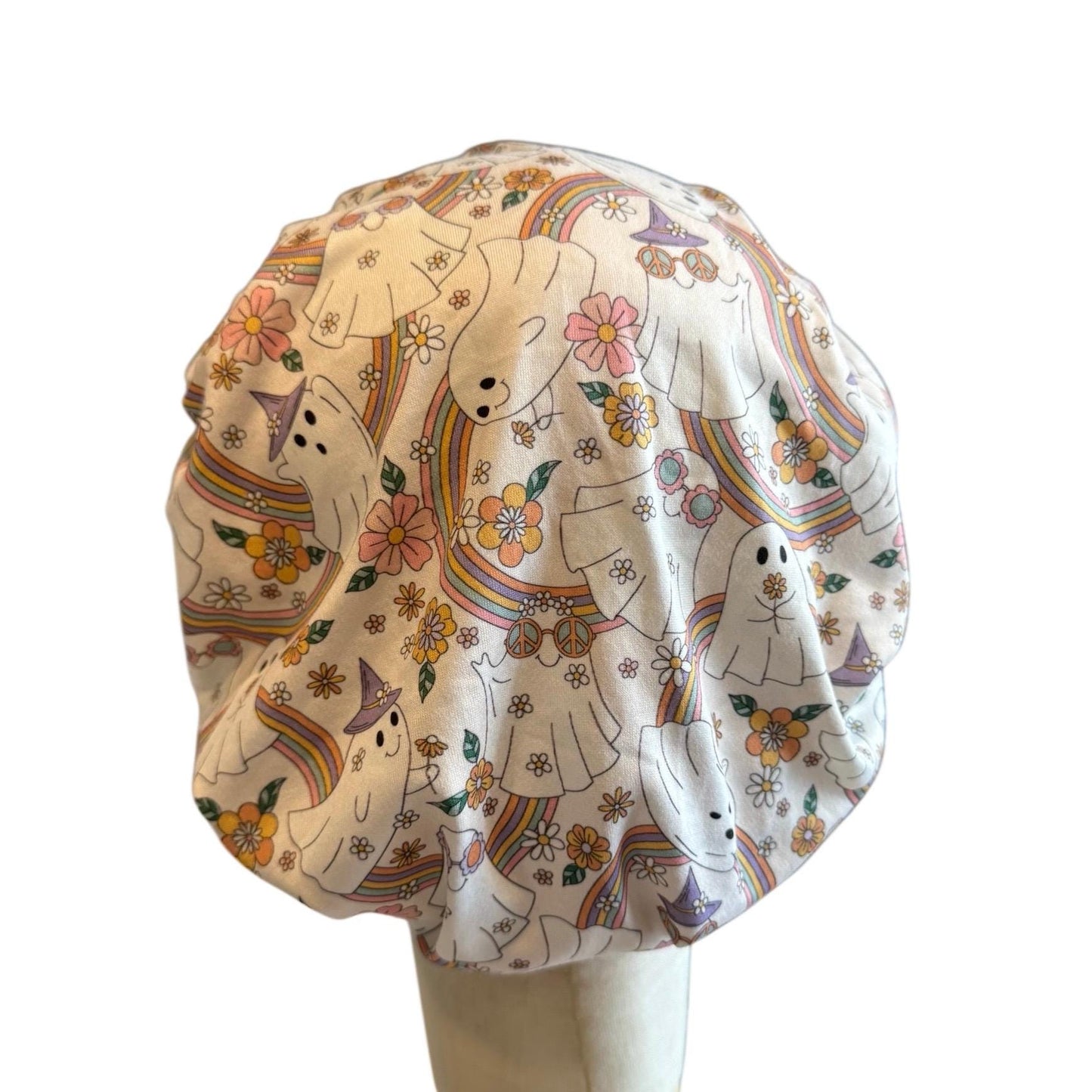 Rainbow Ghost Scrub Cap – Bouffant Style Surgical Hat with Cute Ghosts, Rainbows & Flowers, Headband Style Scrub Cap